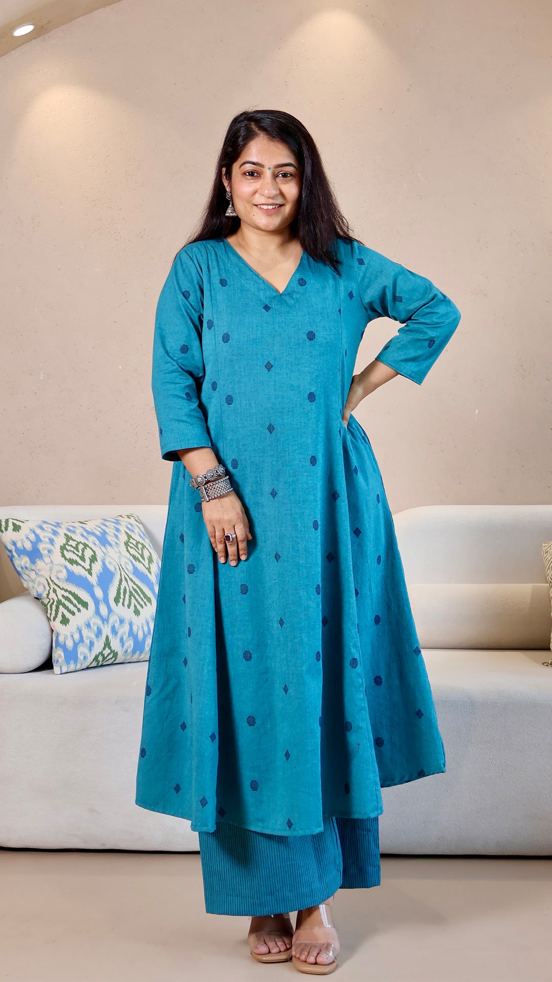 Sehra Handwoven Cotton Kurta - Turquoise