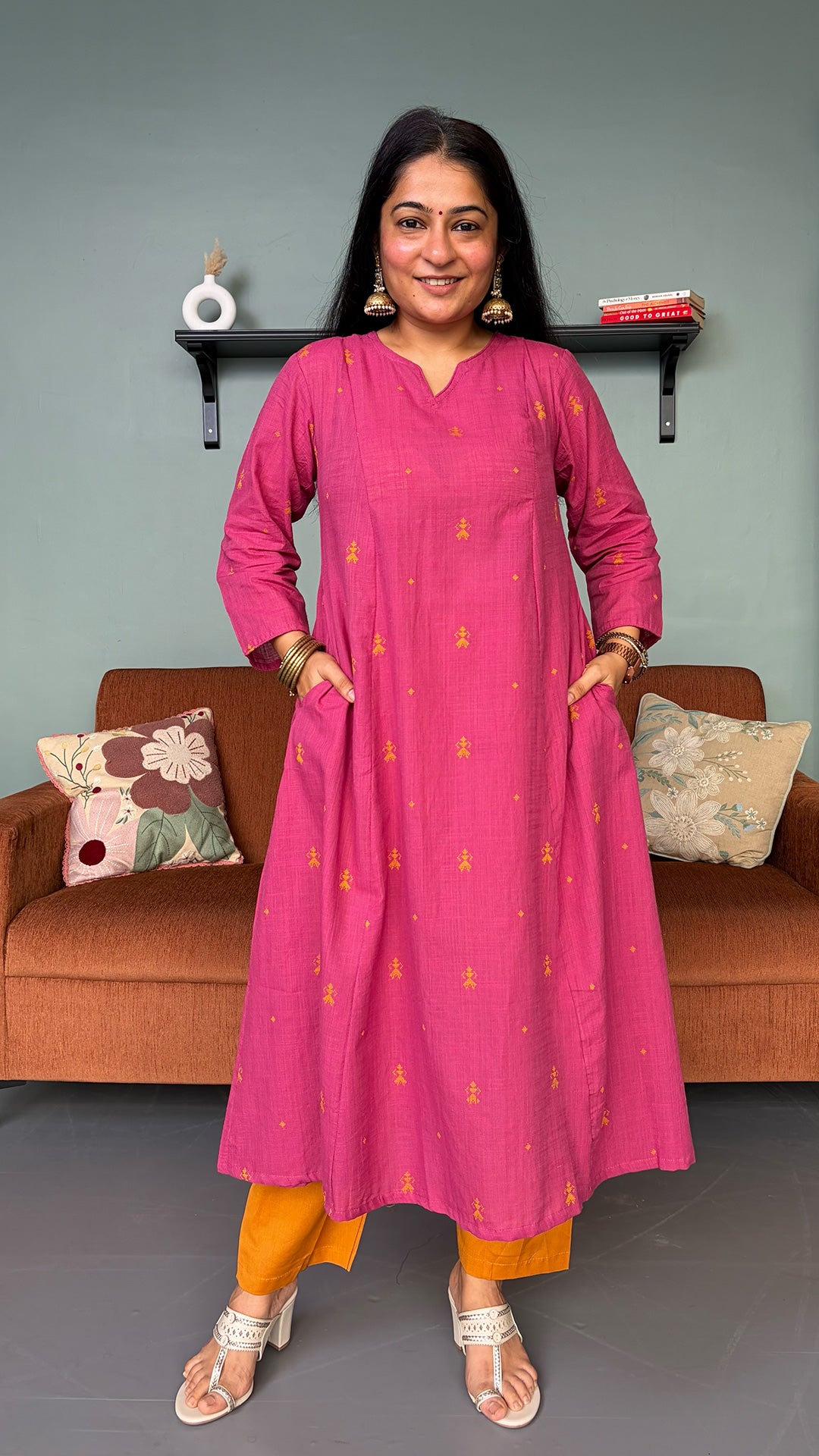 Sonam Pink Hand Woven Kali Cotton Kurta
