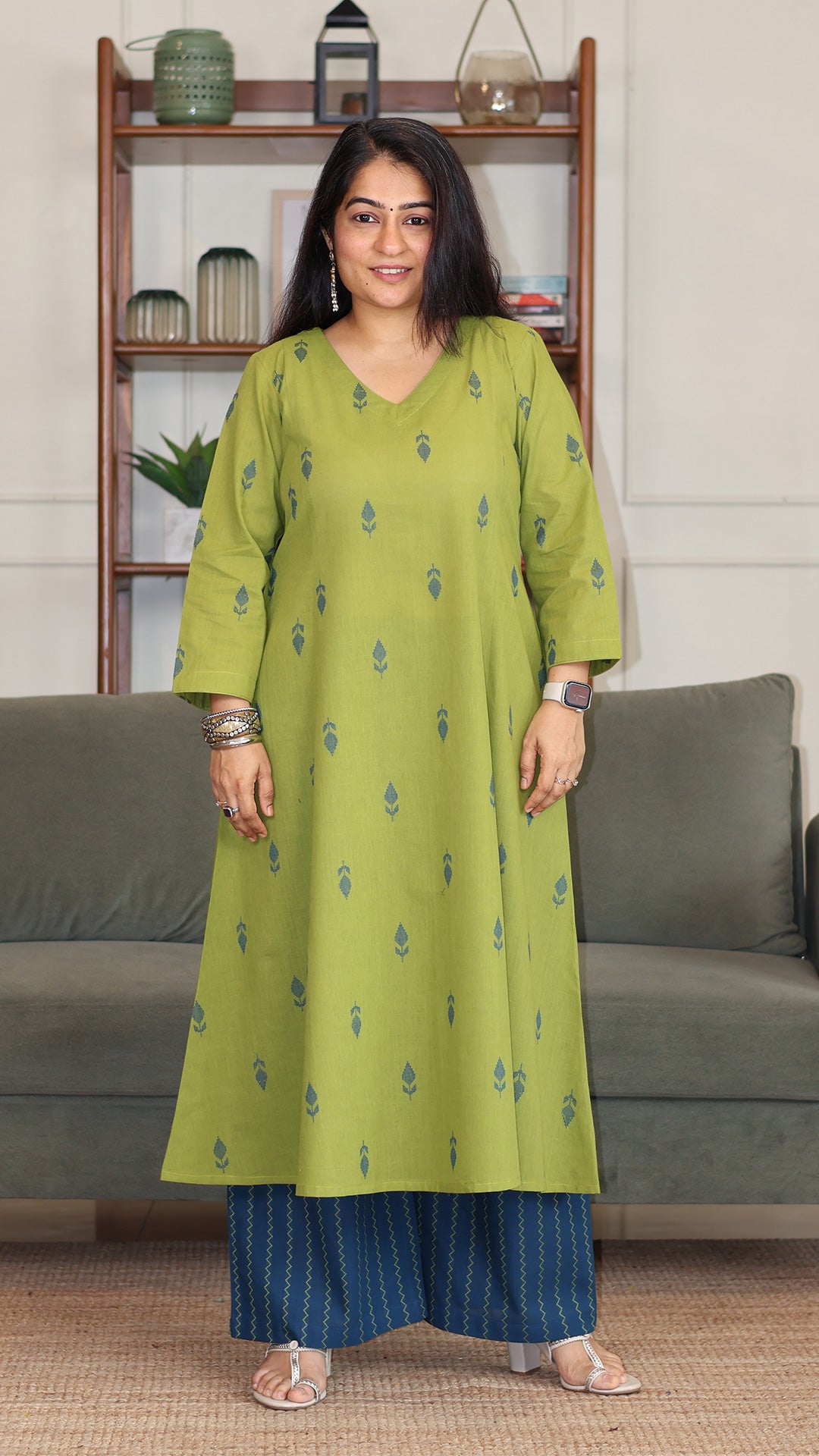 Vaani Handwoven Cotton Kurta - Green/Blue