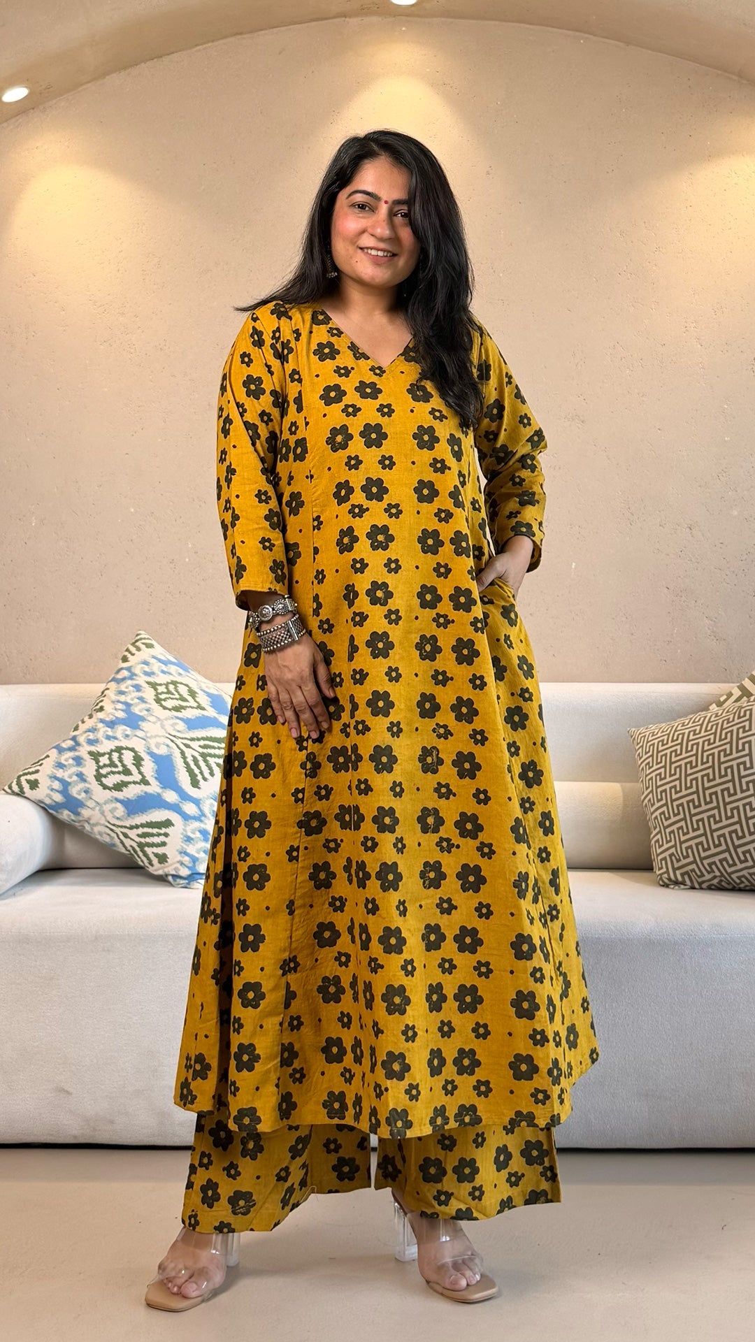 Tia Ajrakh Cotton Hand Block Kurta Set- Yellow/Black