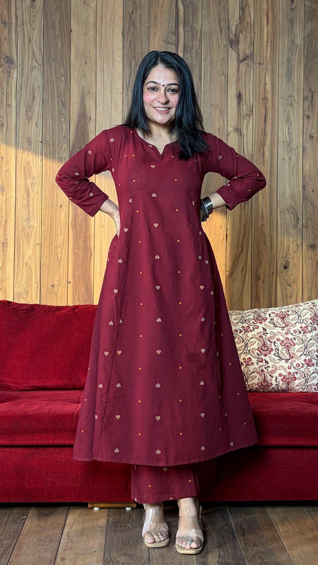 Queen Of Hearts Hand Woven Kali Kurta In Cotton - Maroon