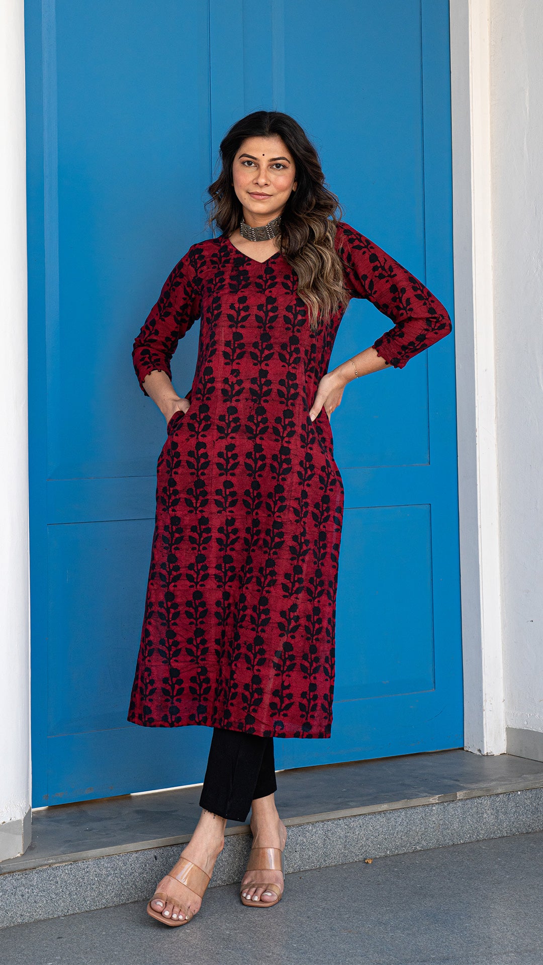 Red and Black Batik Block Print Kurta In Cotton