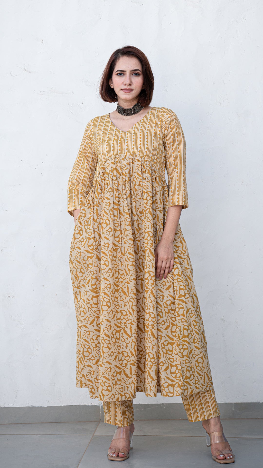 Zinal Floral Jaal Hand Block Pleated Cotton Kurta - Mustard