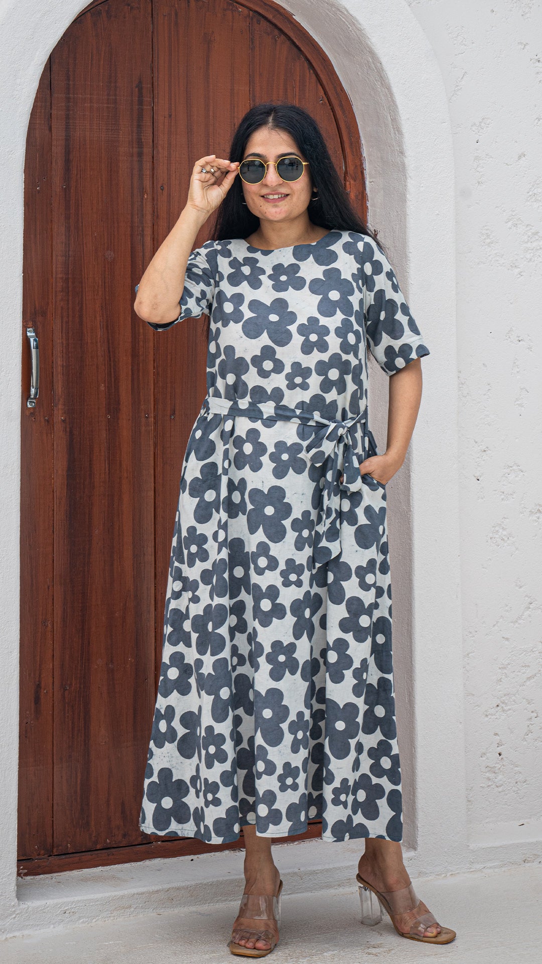 Anvi Floral Hand Block Cotton Dress - Grey