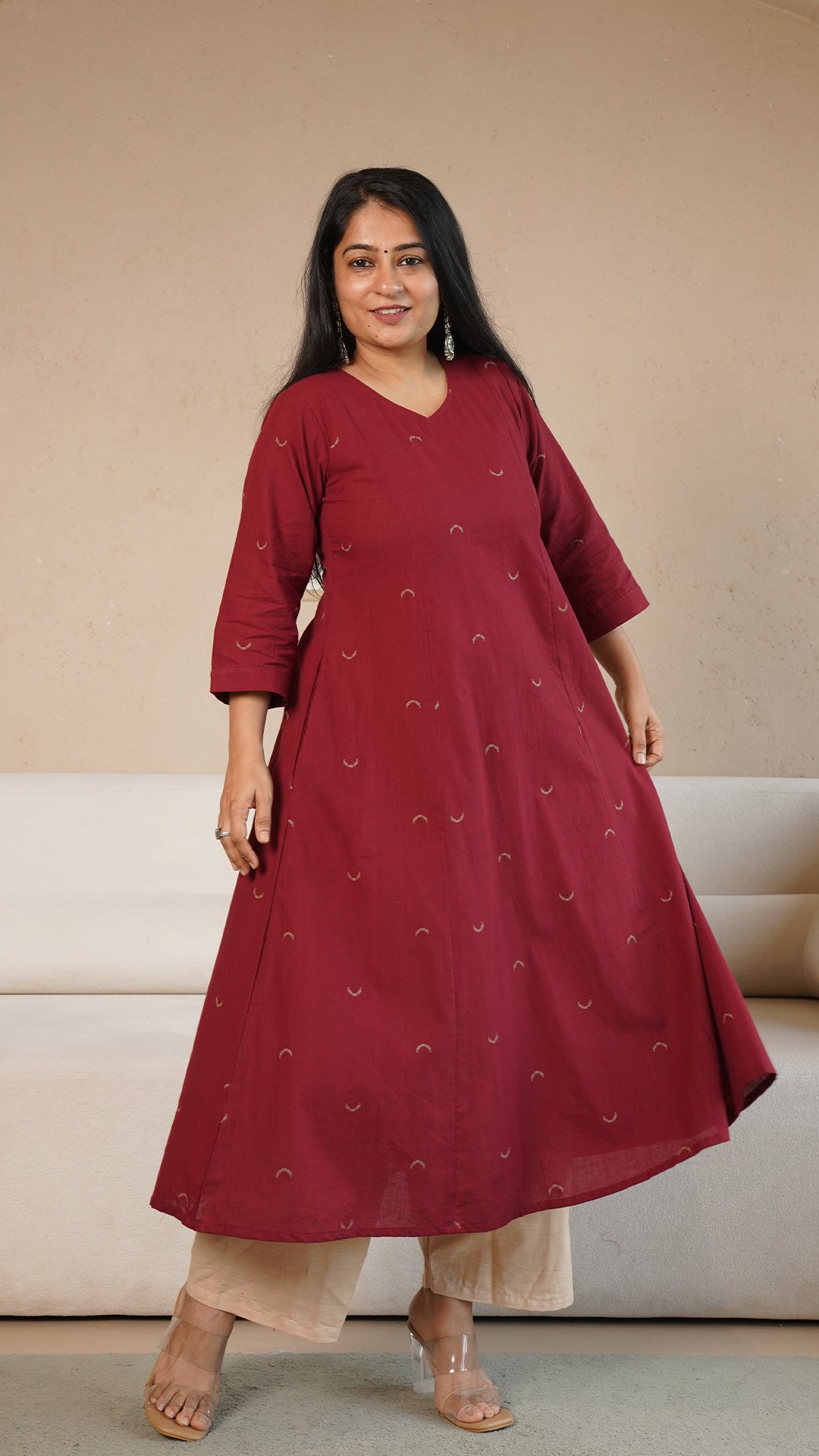 Ziva Chand Motif Hand Woven Kali Cotton Kurta - Maroon