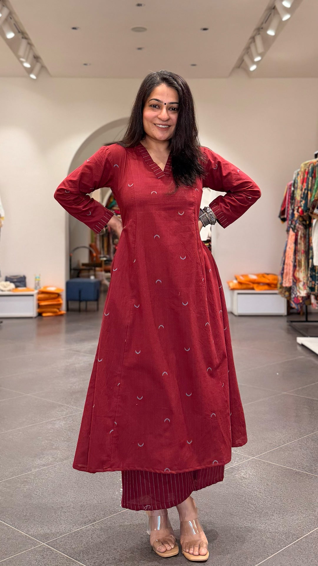 Maroon Chand Hand Woven Kali Kurta In Cotton