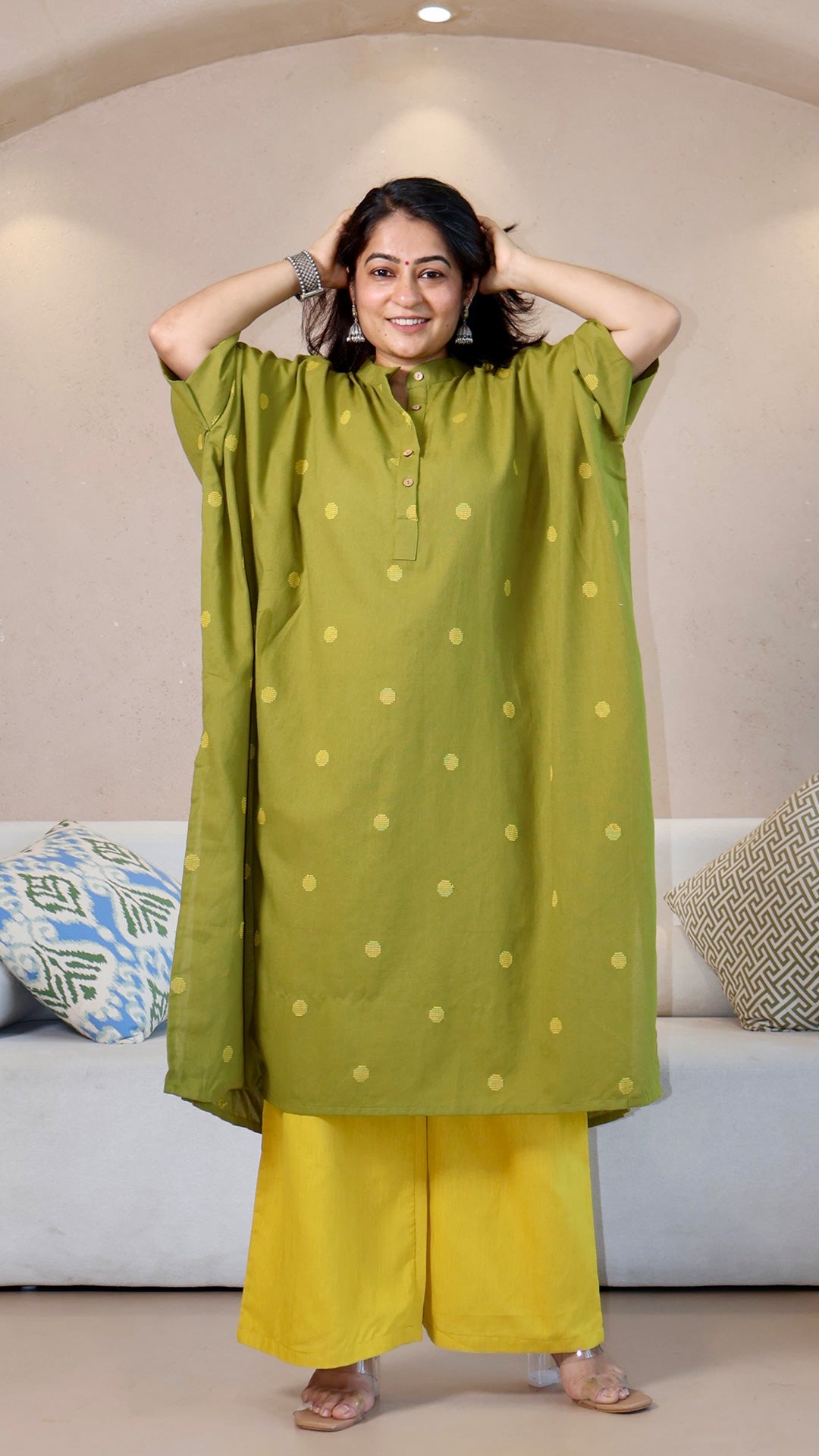 Olive Green Dots Motif Handwoven Cotton Kaftan Co-ord