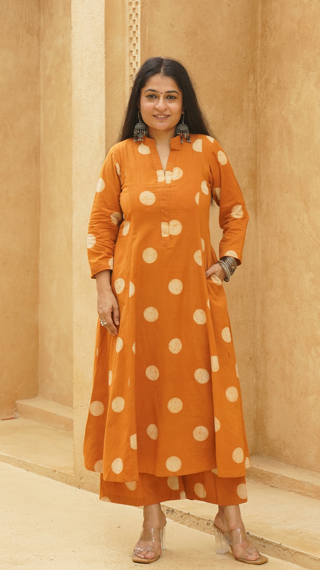 Rust Polka Dots Kali Kurta In Cotton