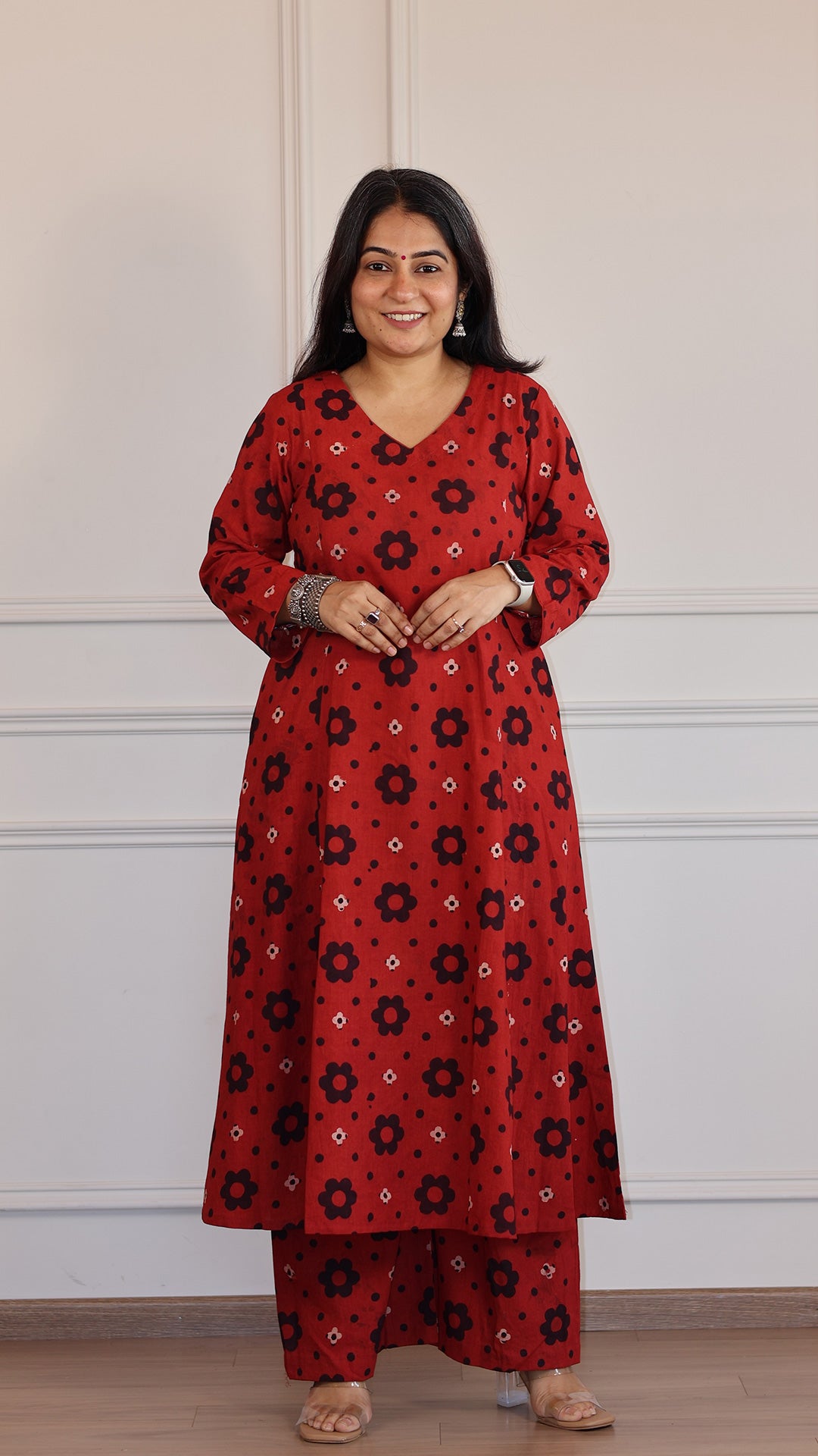 Akira Ajrakh Cotton Hand Block Kurta - Red/Black Floral