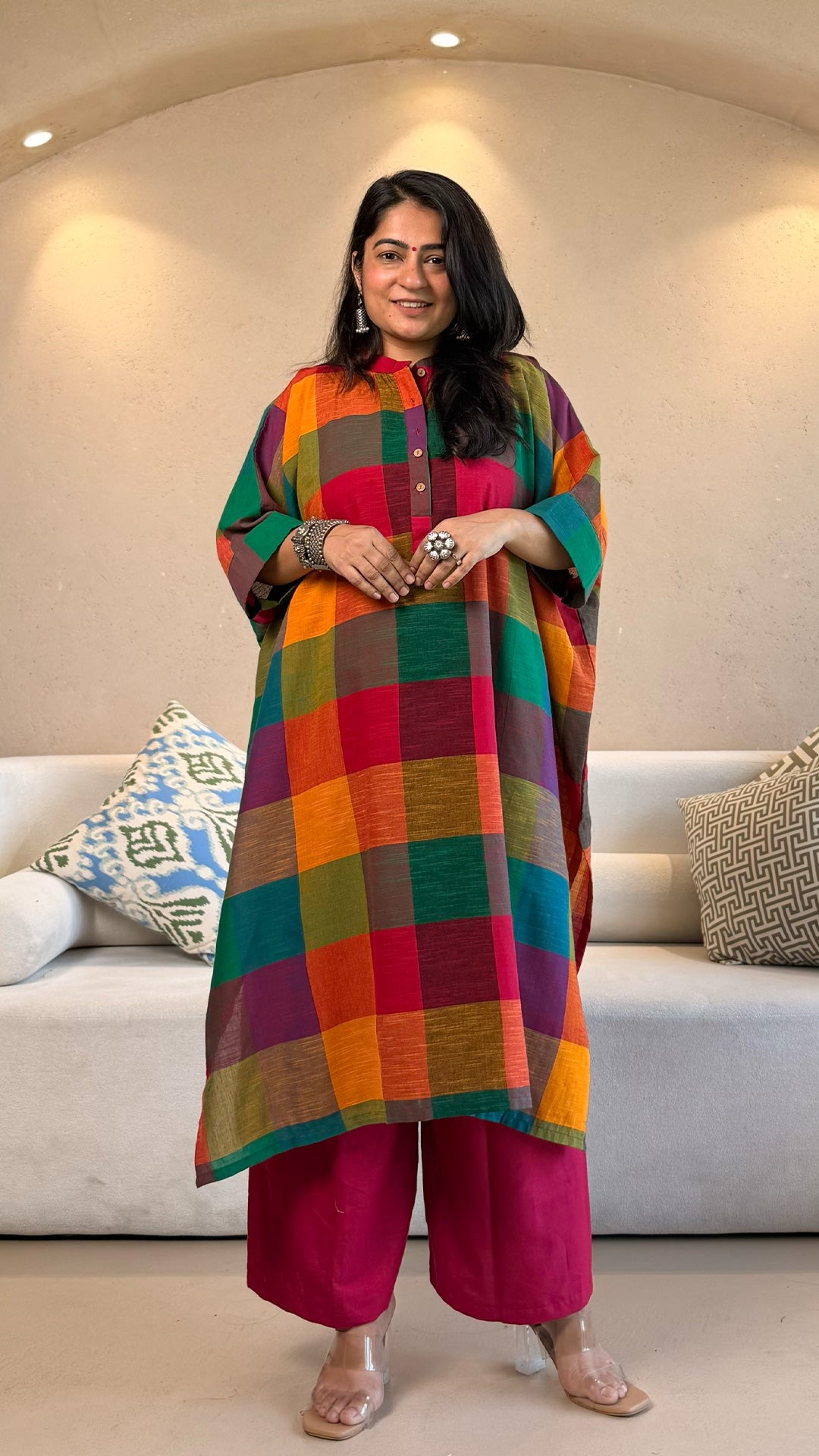 Retro Checkered Kaftan Co-ord In Handwoven Cotton - MultiColour