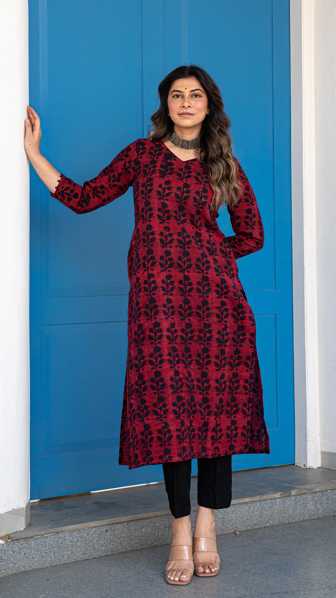 Red and Black Batik Block Print Kurta In Cotton