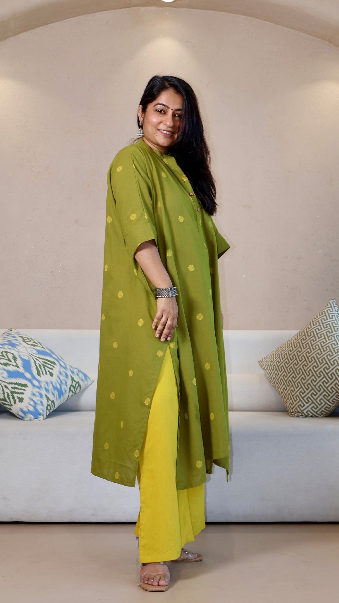 Olive Green Dots Motif Handwoven Cotton Kaftan Co-ord