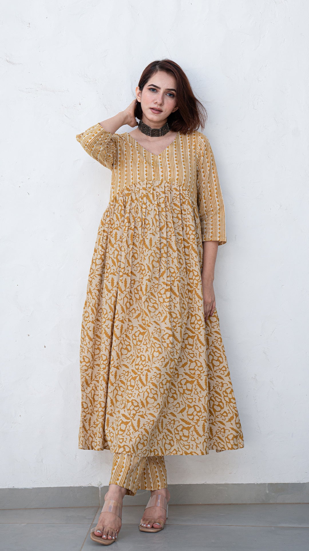 Zinal Floral Jaal Hand Block Pleated Cotton Kurta - Mustard