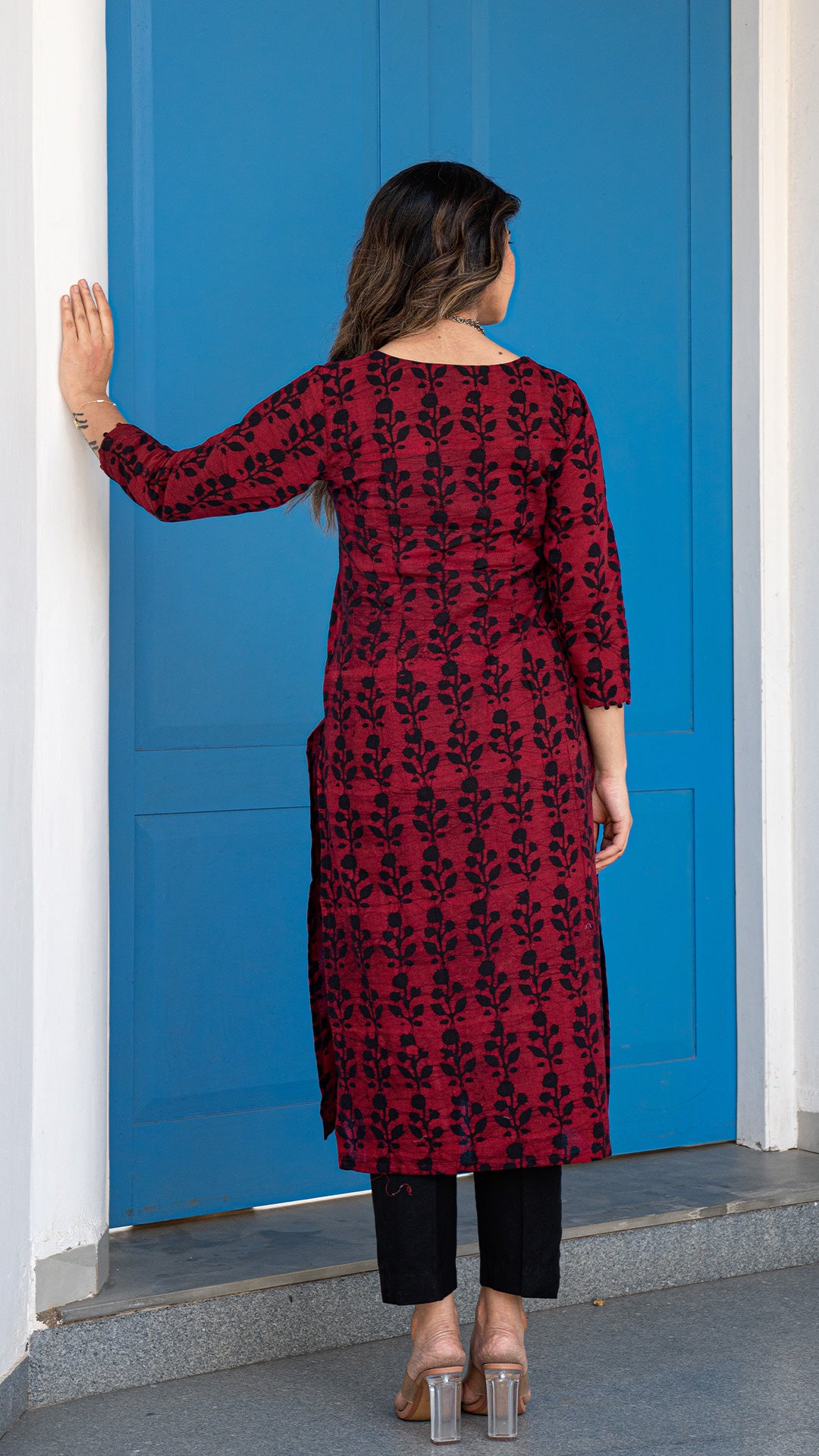 Red and Black Batik Block Print Kurta In Cotton