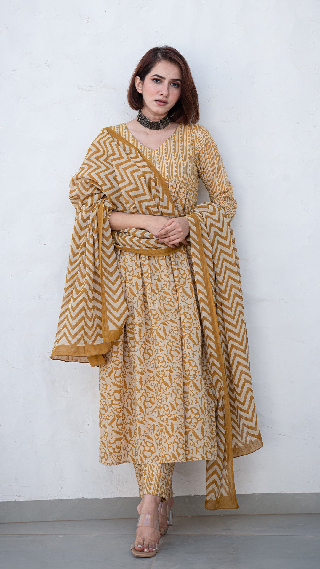 Zaiba Geometric Print Hand Block Cotton Kurta - Mustard