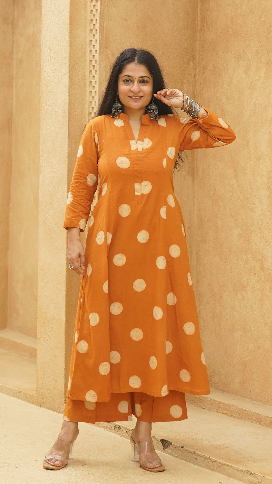 Rust Polka Dots Kali Kurta In Cotton