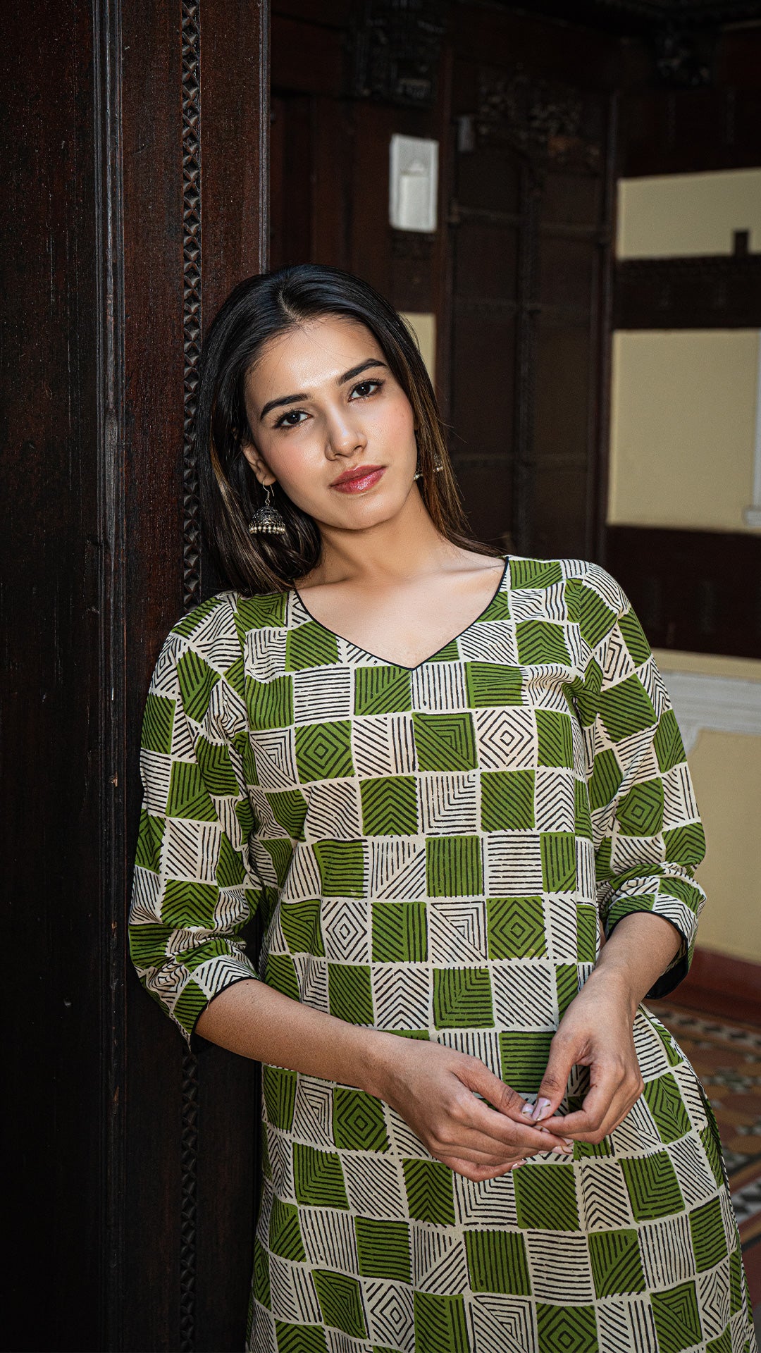 Ananya Geometric Print Hand Block Kurta - Green/Black