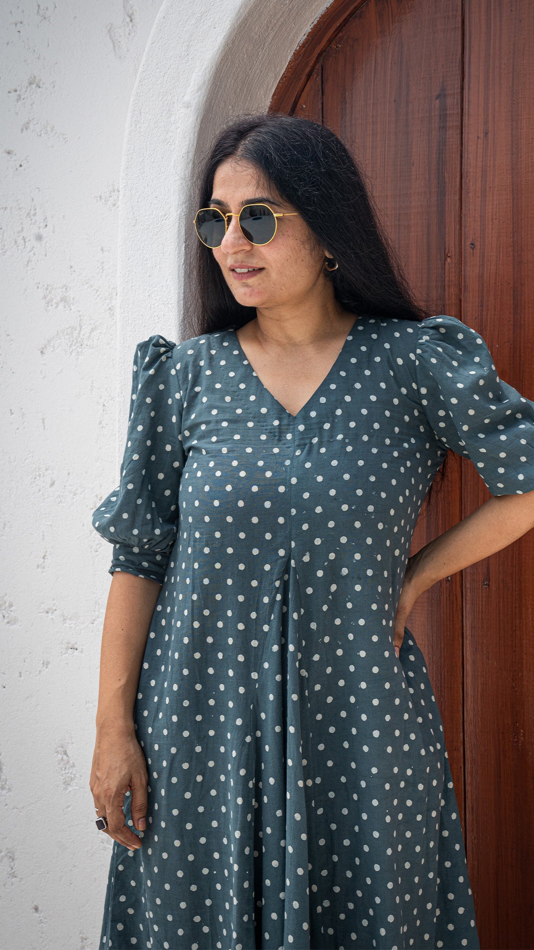 Prisha Polka Dots Hand Block Cotton Dress - Grey