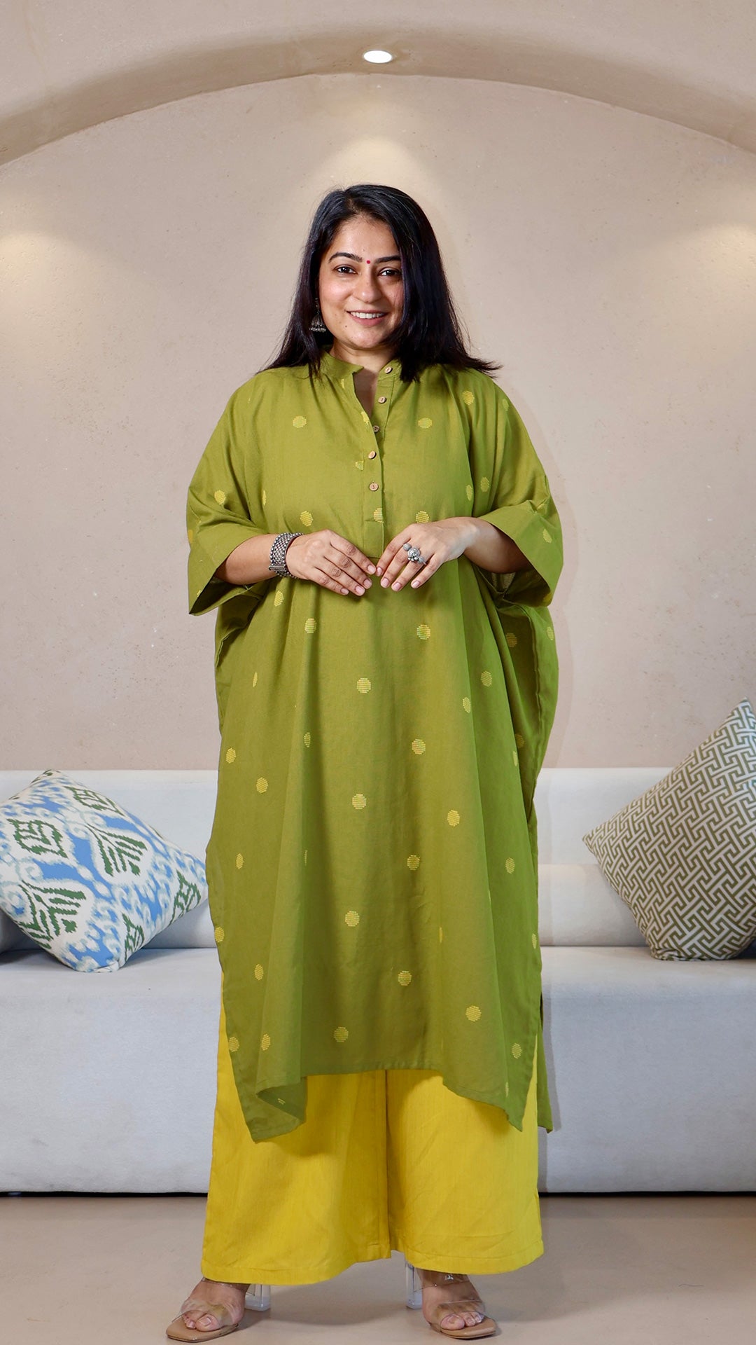 Olive Green Dots Motif Handwoven Cotton Kaftan Co-ord