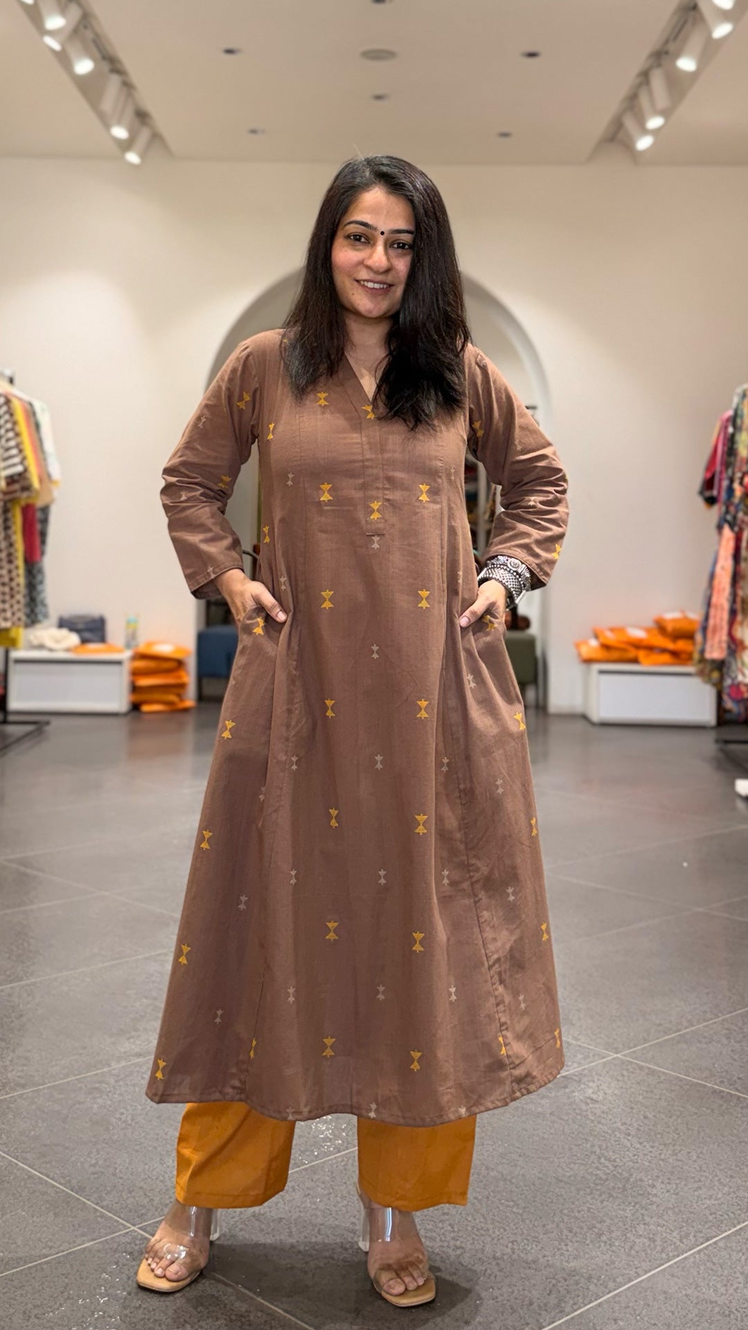 Amirah Hand Woven Kali Kurta In Cotton - Brown