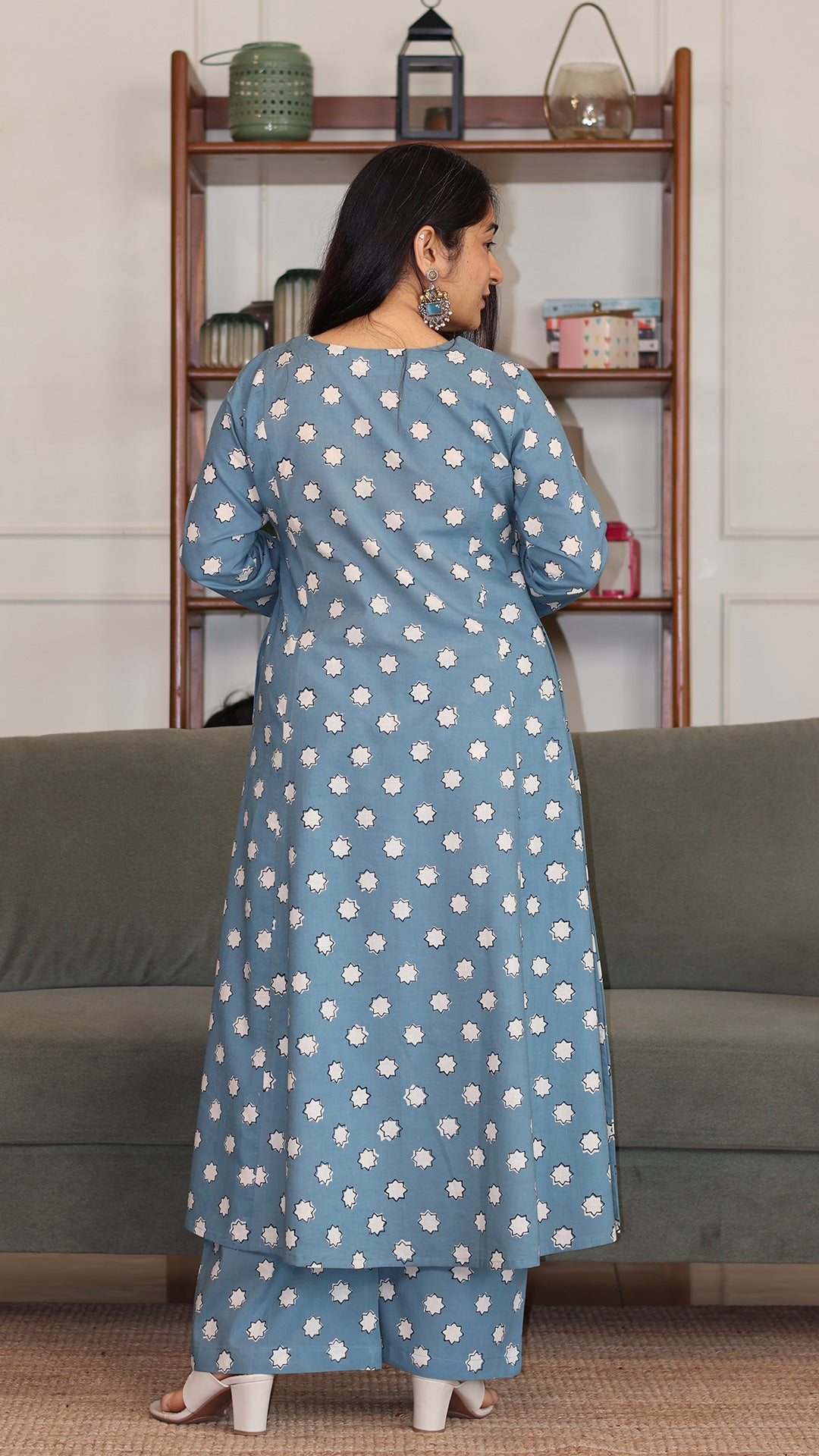 Eleanor Hand Block Cotton Kurta - Sky Blue