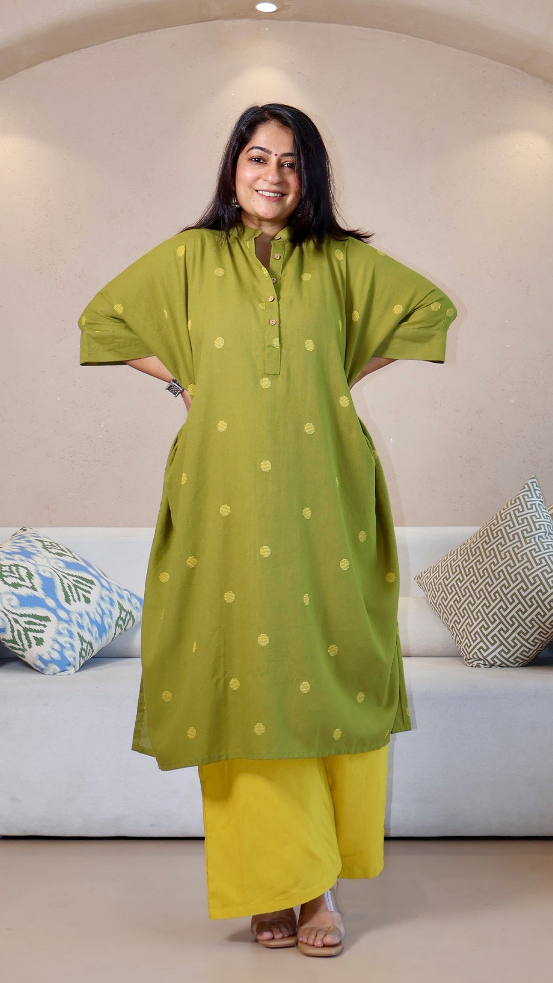 Olive Green Dots Motif Handwoven Cotton Kaftan Co-ord