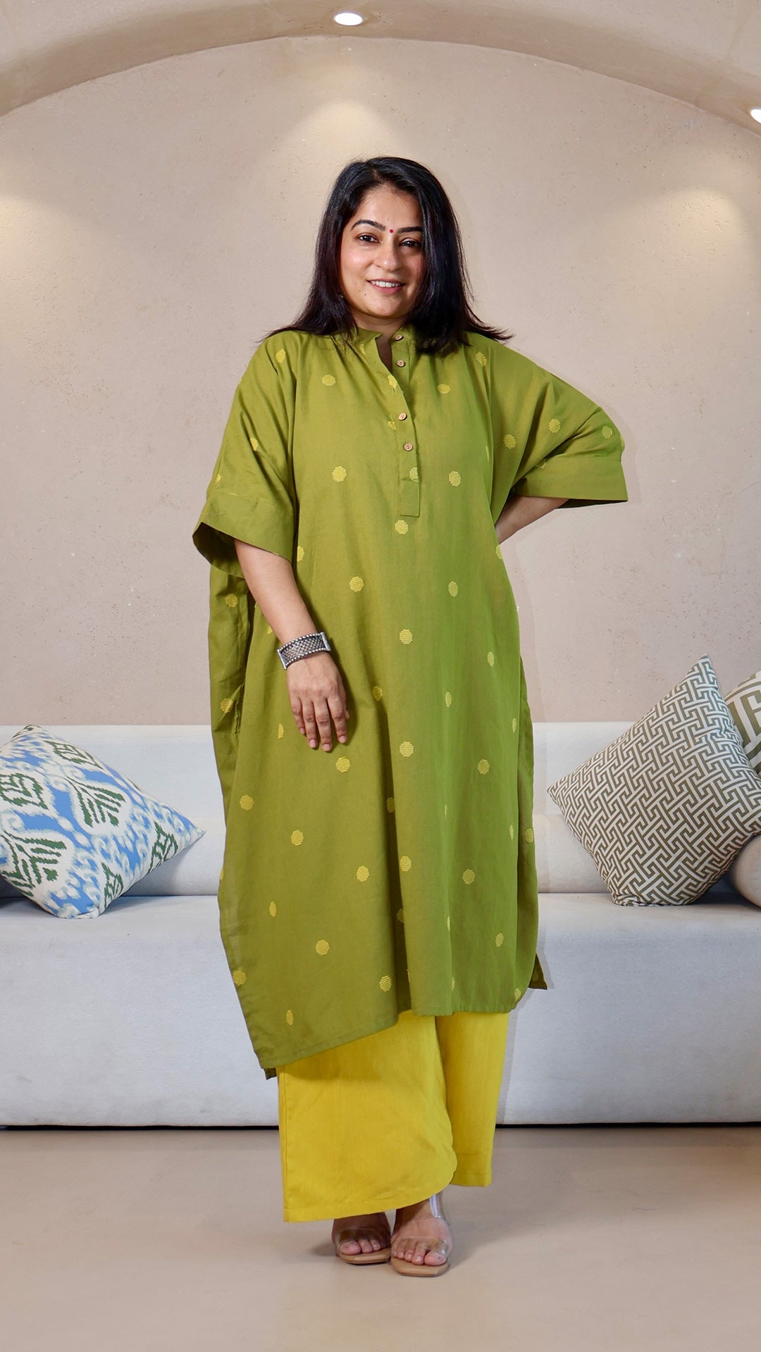 Olive Green Dots Motif Handwoven Cotton Kaftan Co-ord