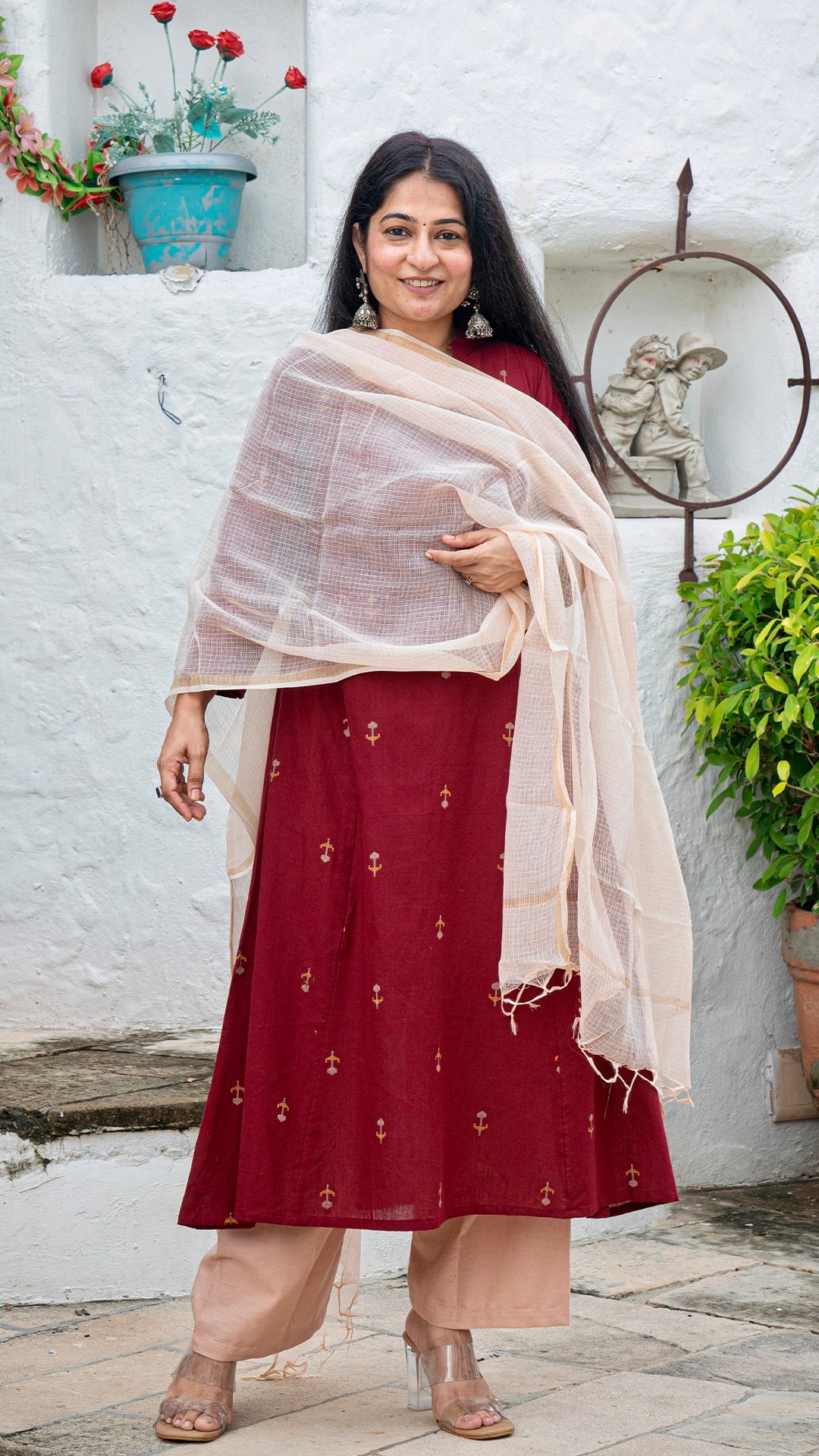 Kheya Flower Motif Hand Woven Kali Cotton Kurta - Maroon