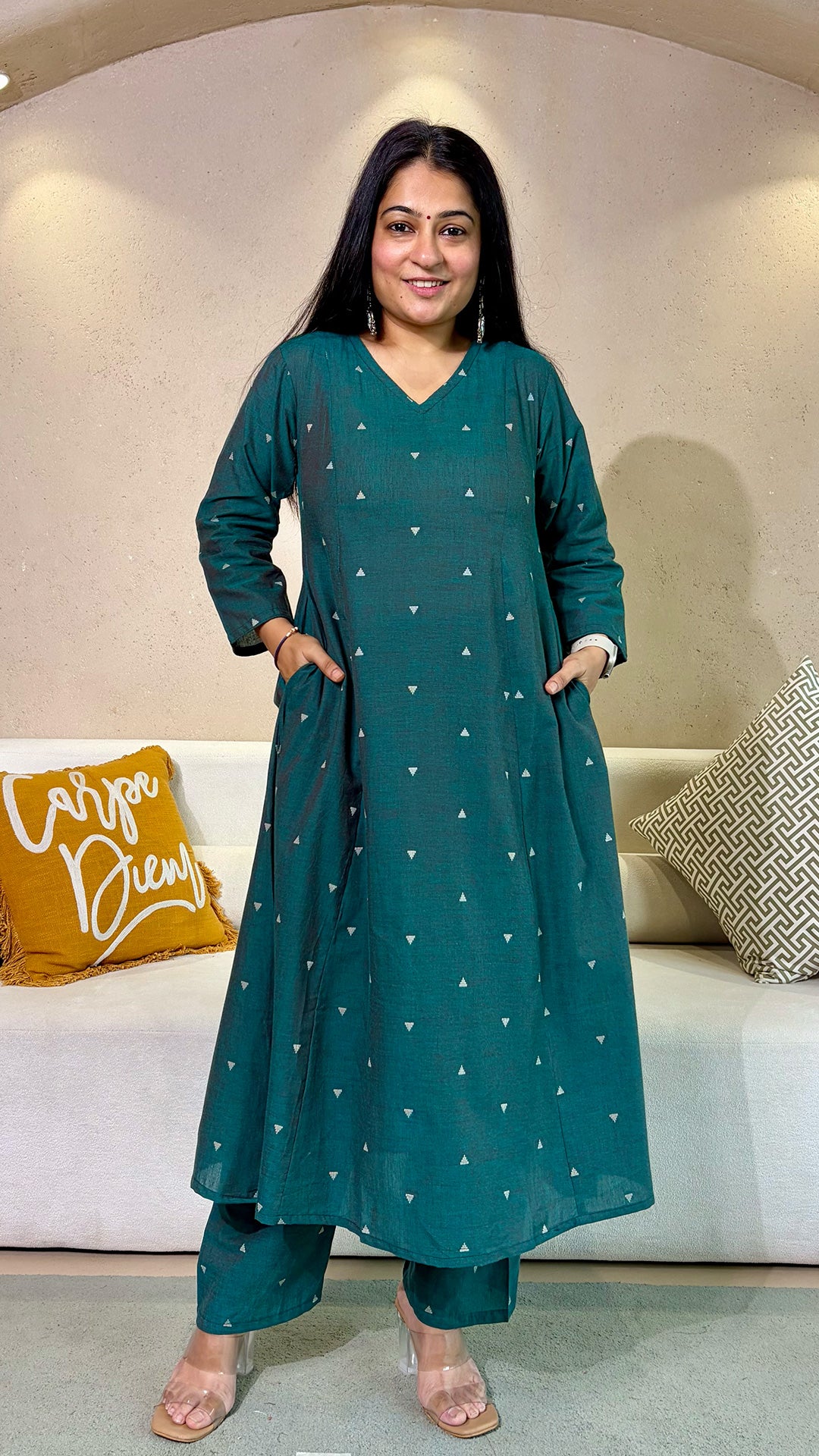 Saloni Green Hand Woven Kali Cotton Kurta