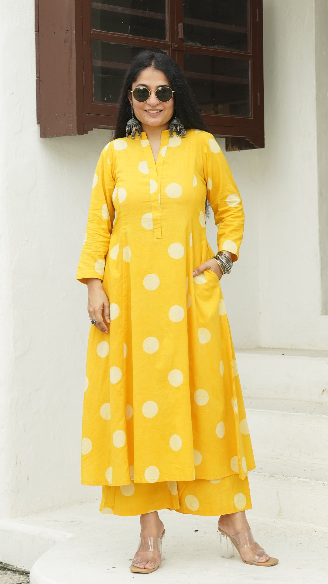 Yellow Polka Dots Kali Kurta In Cotton