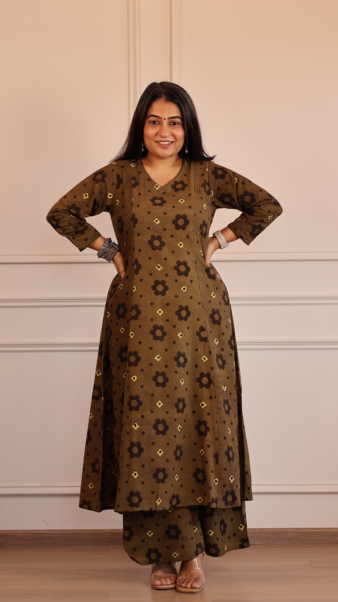 Vedashree Ajrakh Cotton Hand Block Kurta Set- Brown Floral