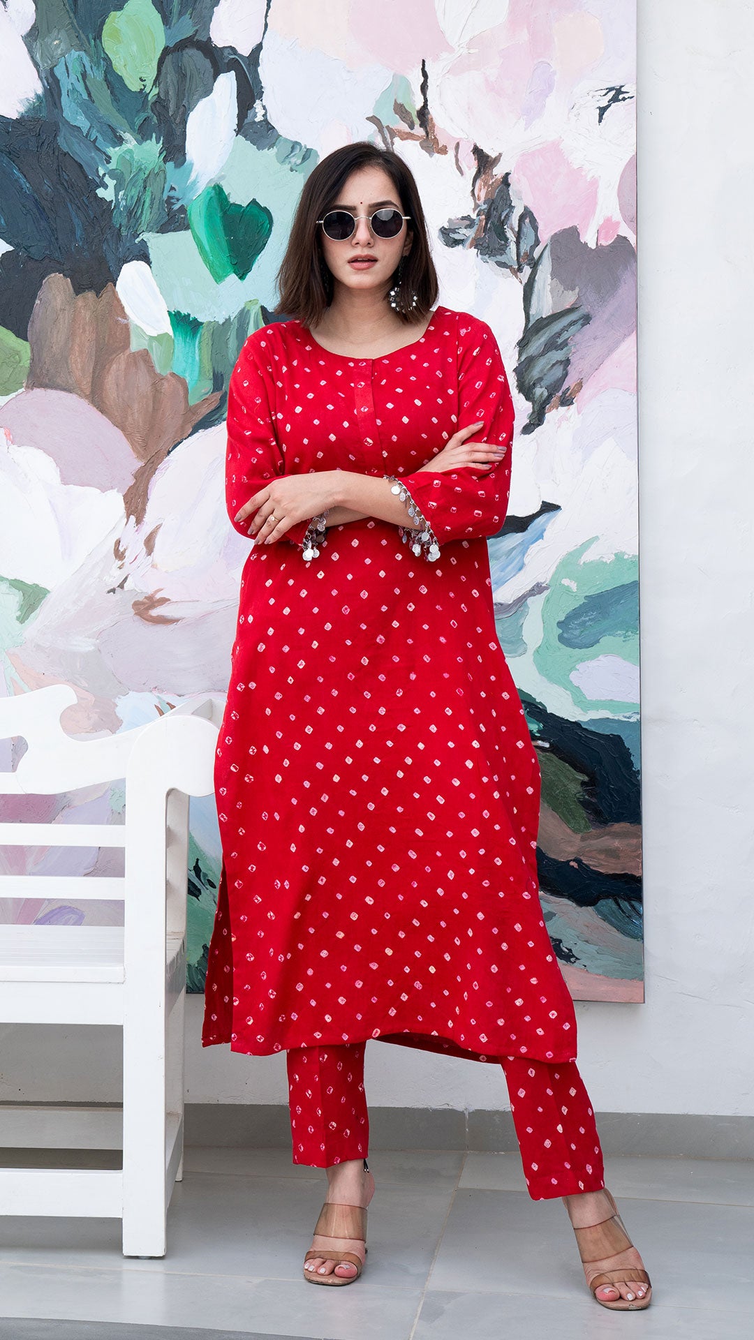 Red Bandhani Cotton Kurta