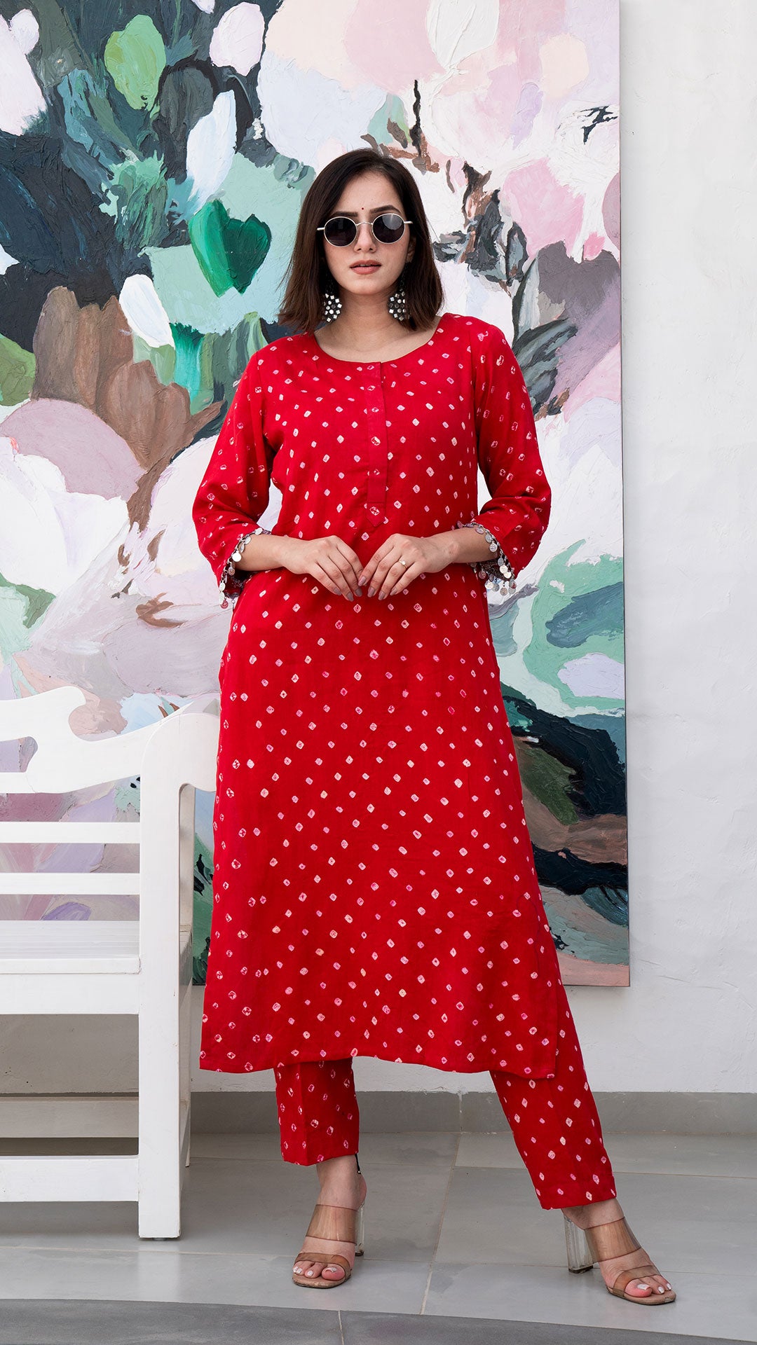 Red Bandhani Cotton Kurta