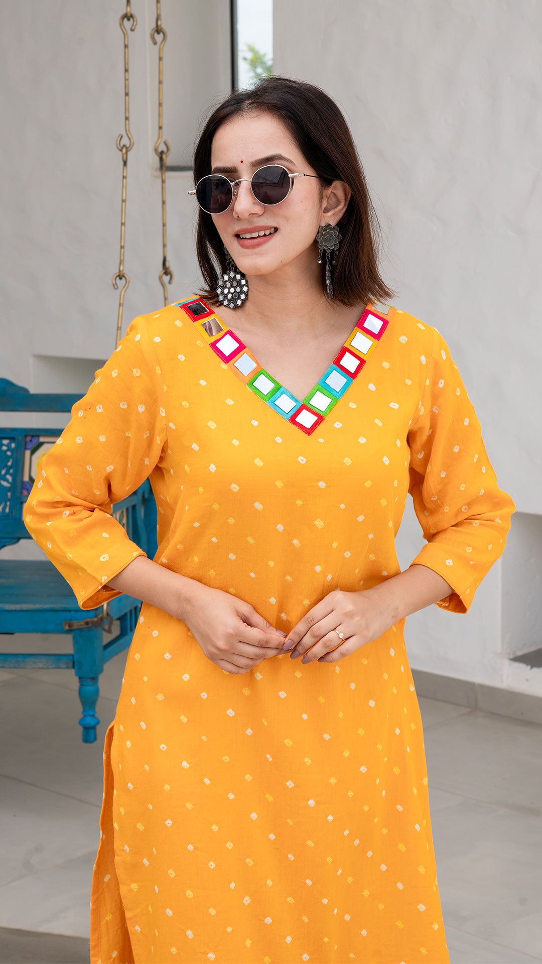 Yellow Bandhani Cotton Kurta With Embroidered Patch