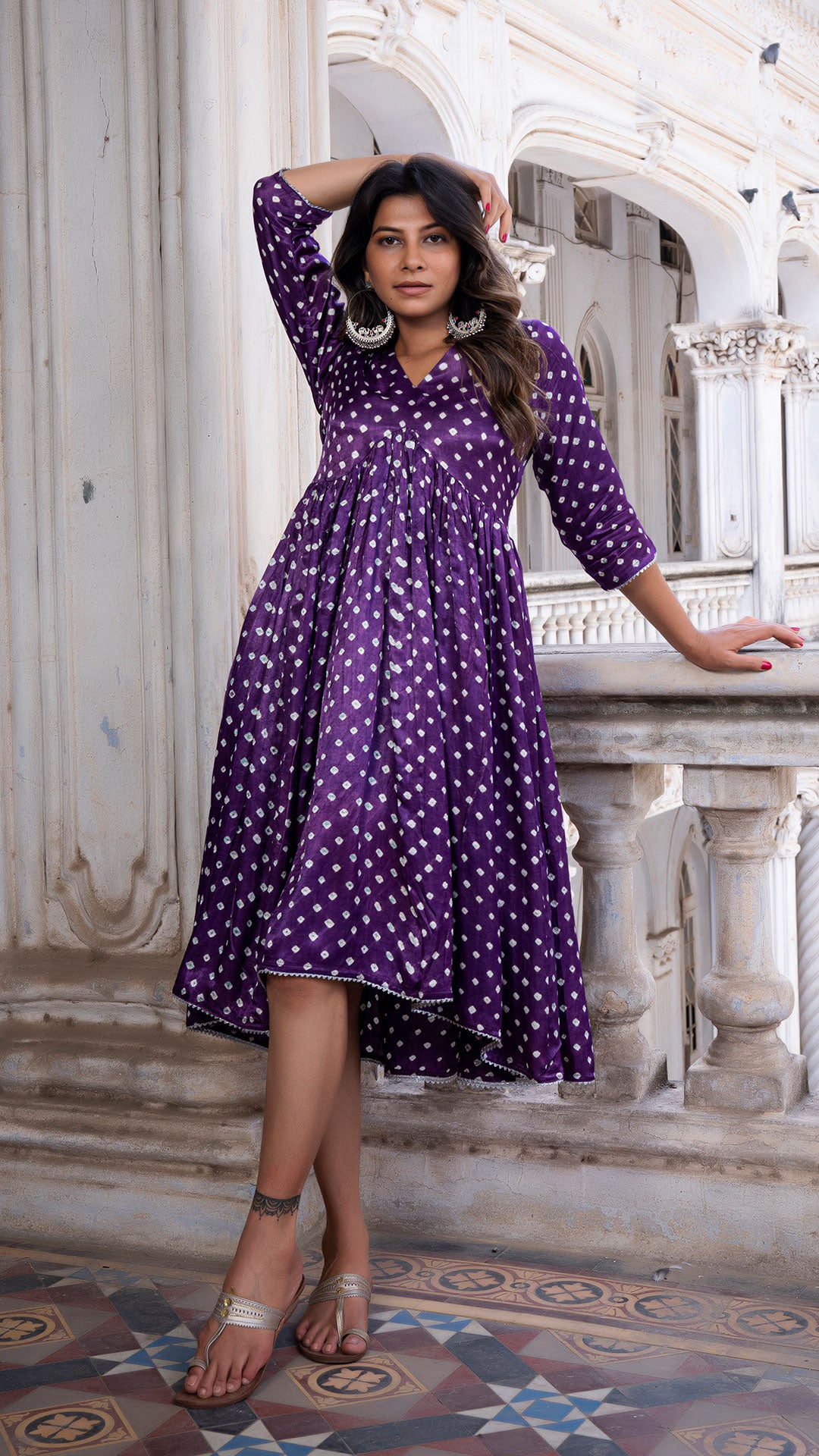 Bandhani Dress Set In Silk - Purple