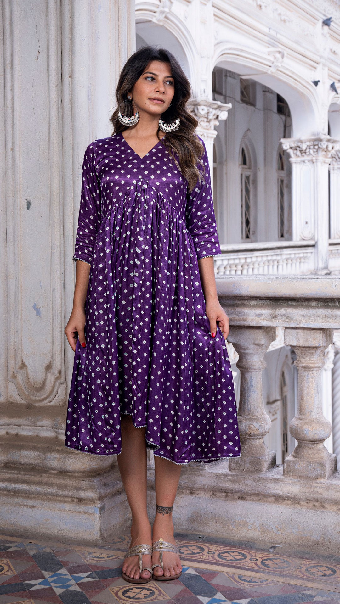 Bandhani Dress Set In Silk - Purple