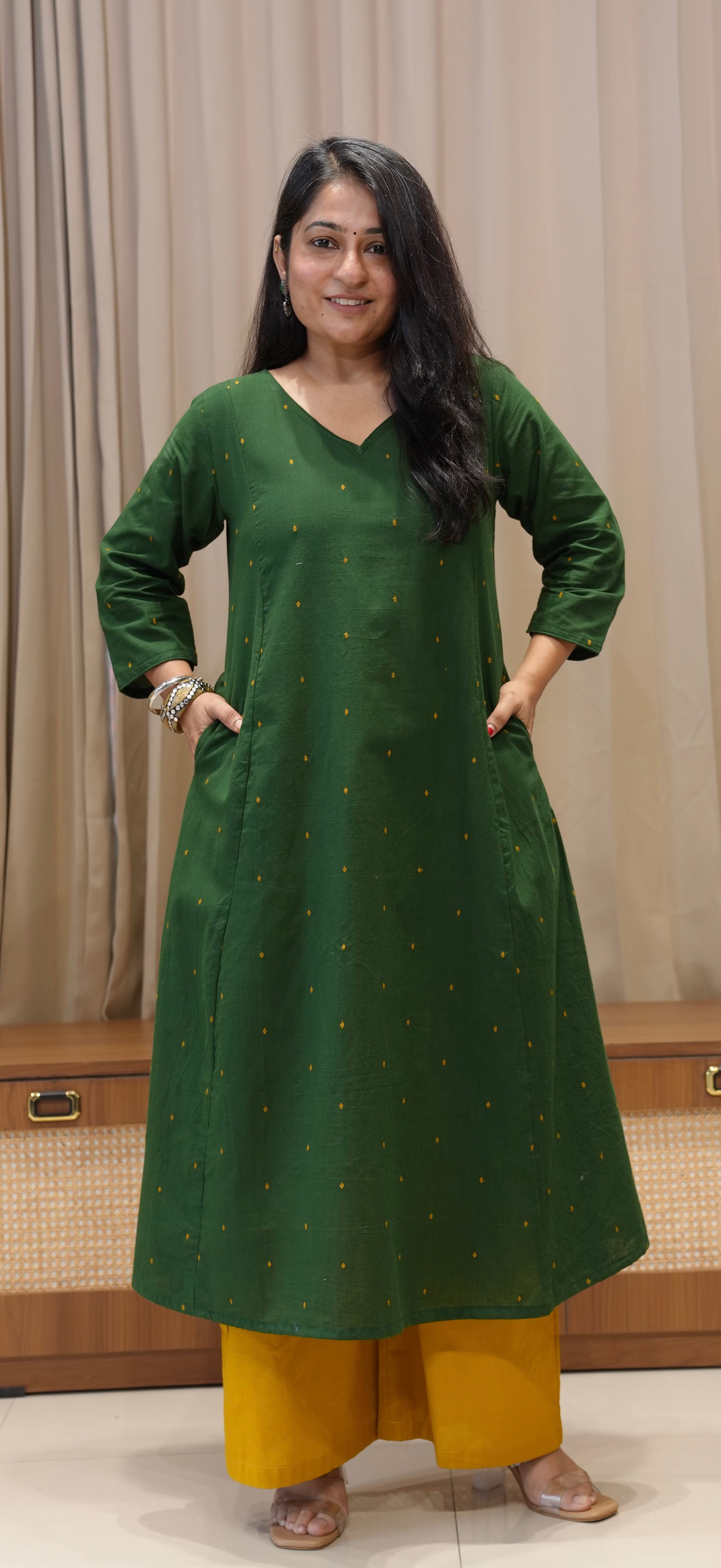 Tulika Handwoven Cotton Kurta - Dark Green