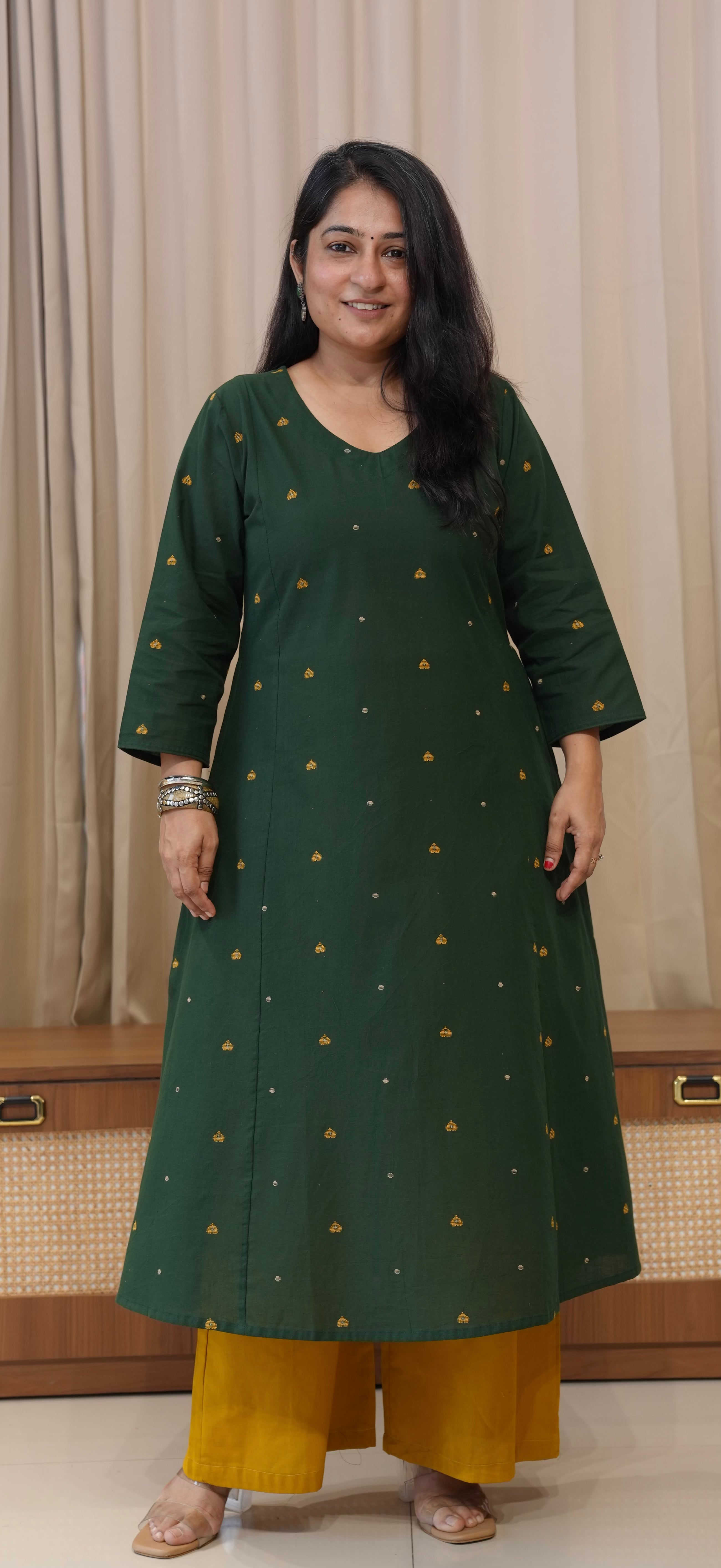 Hearts Handwoven Cotton Kurta - Dark Green