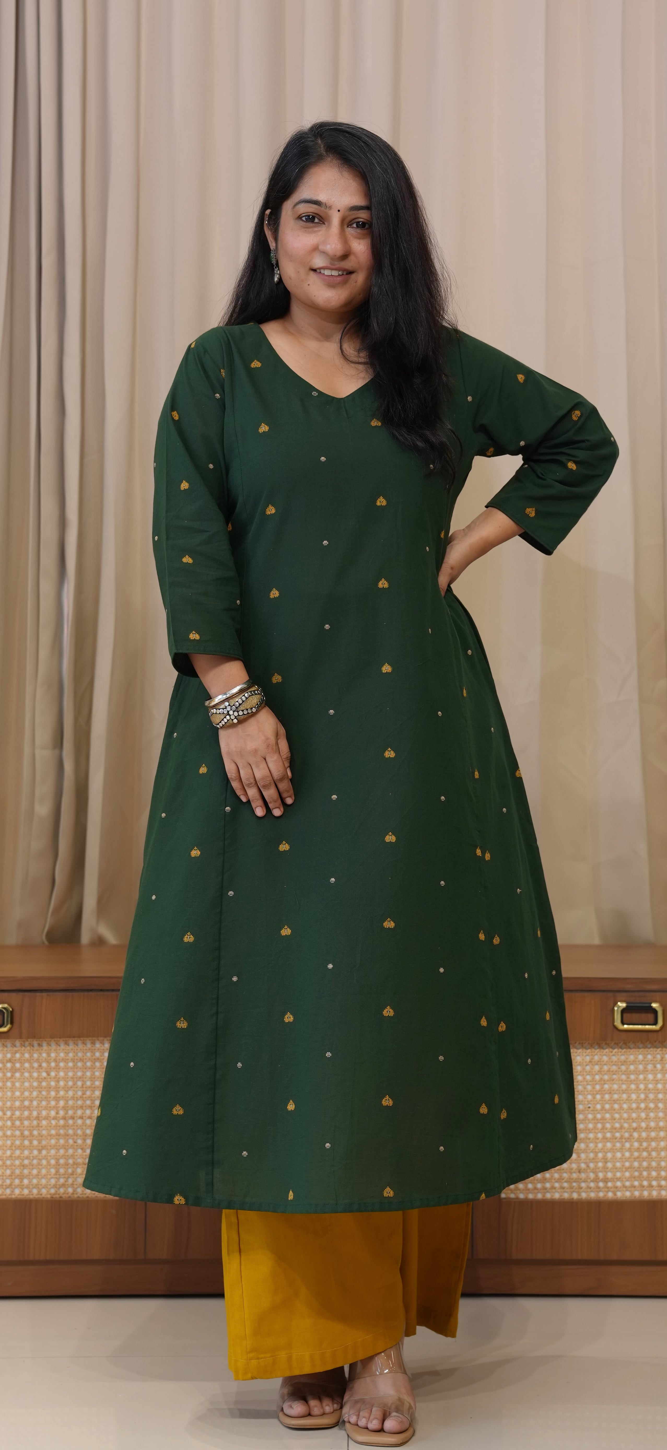 Hearts Handwoven Cotton Kurta - Dark Green