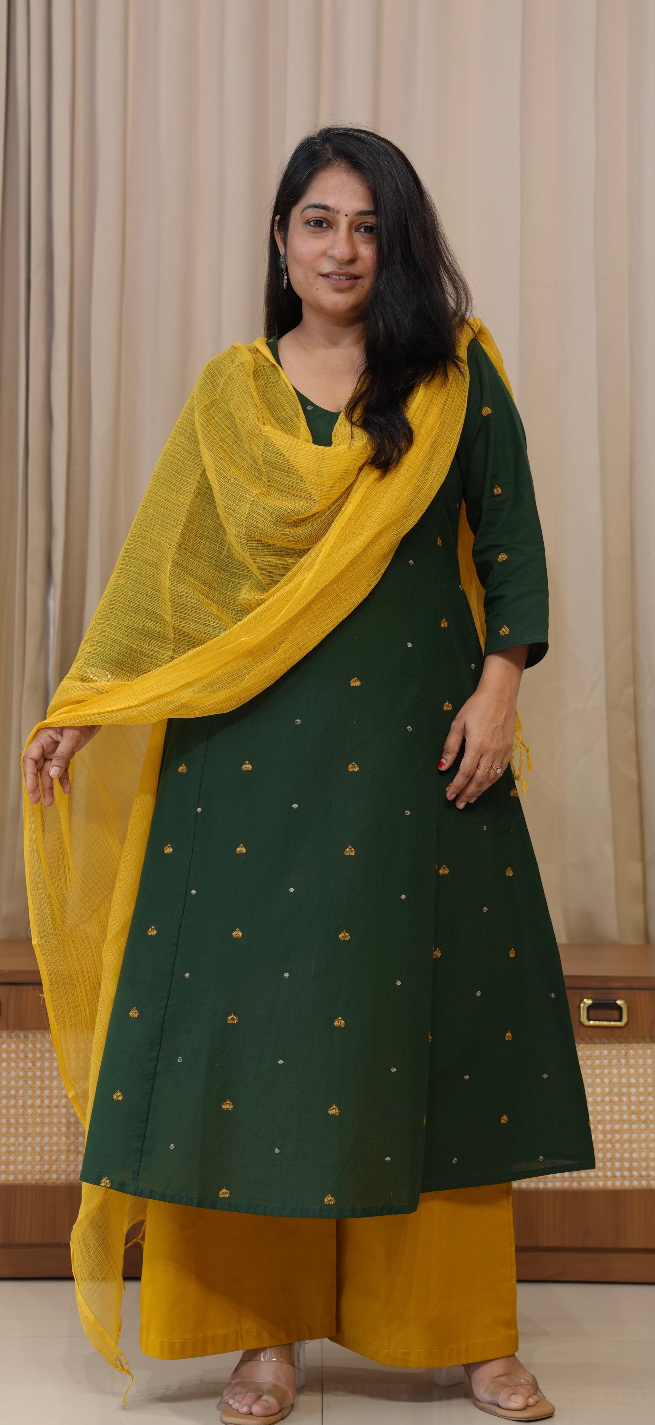 Hearts Handwoven Cotton Kurta - Dark Green