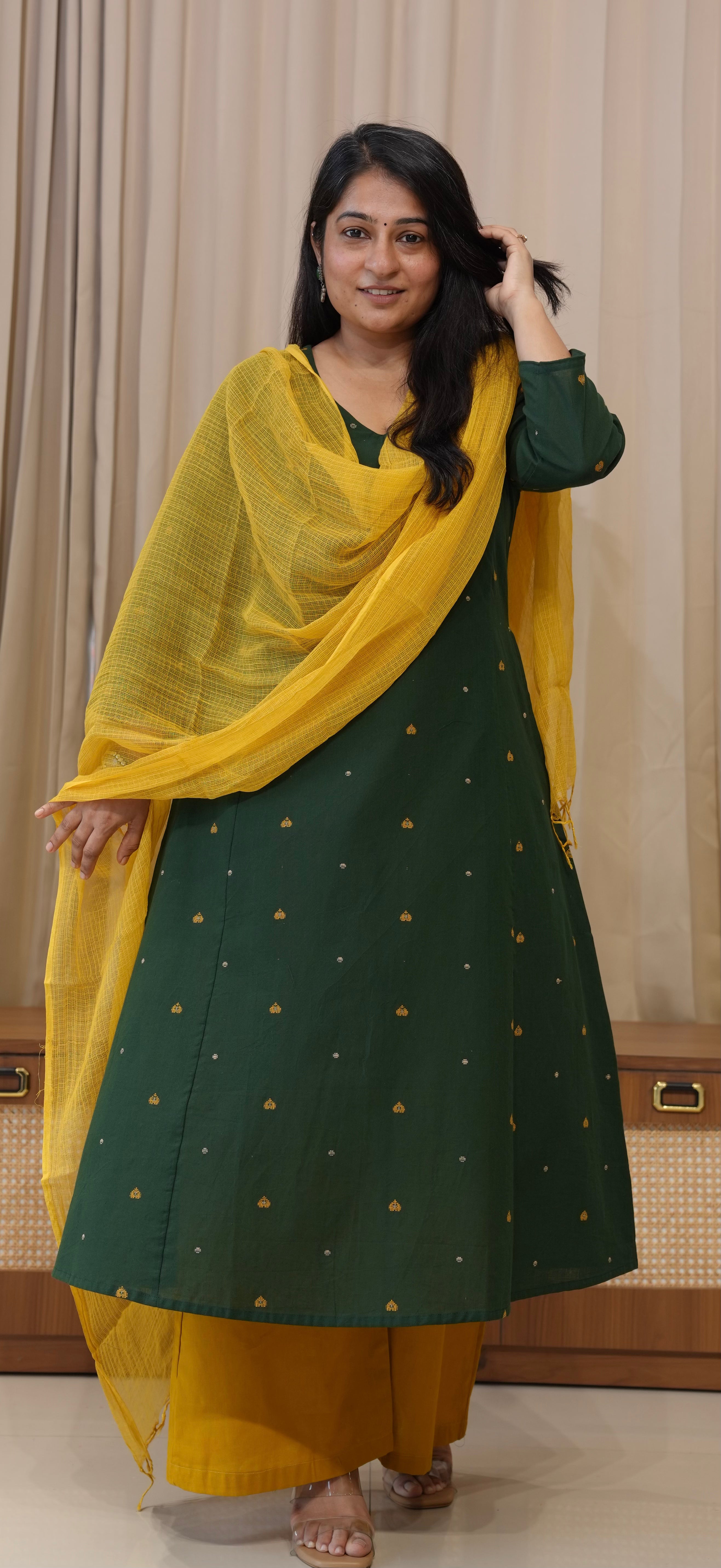 Hearts Handwoven Cotton Kurta - Dark Green