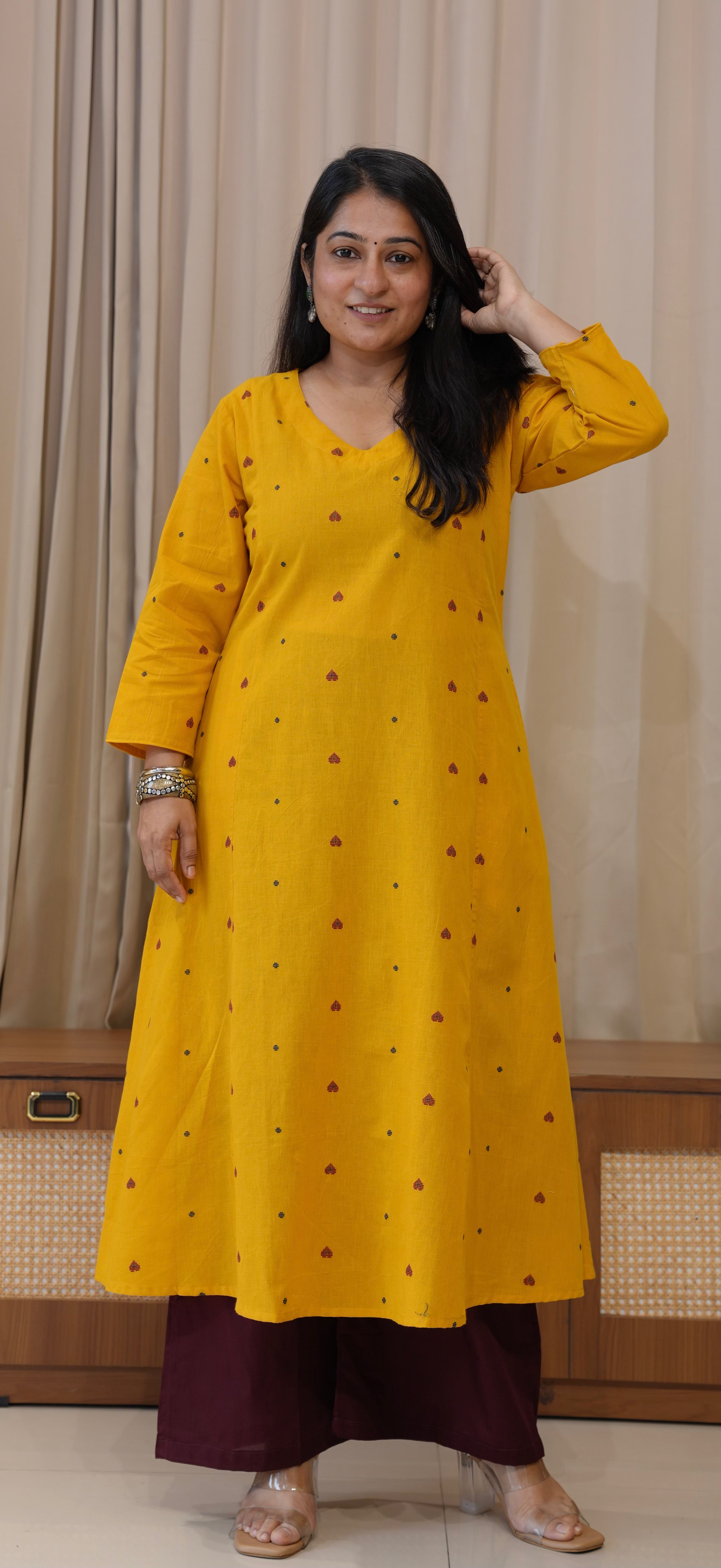 Hearts Handwoven Cotton Kurta - Yellow