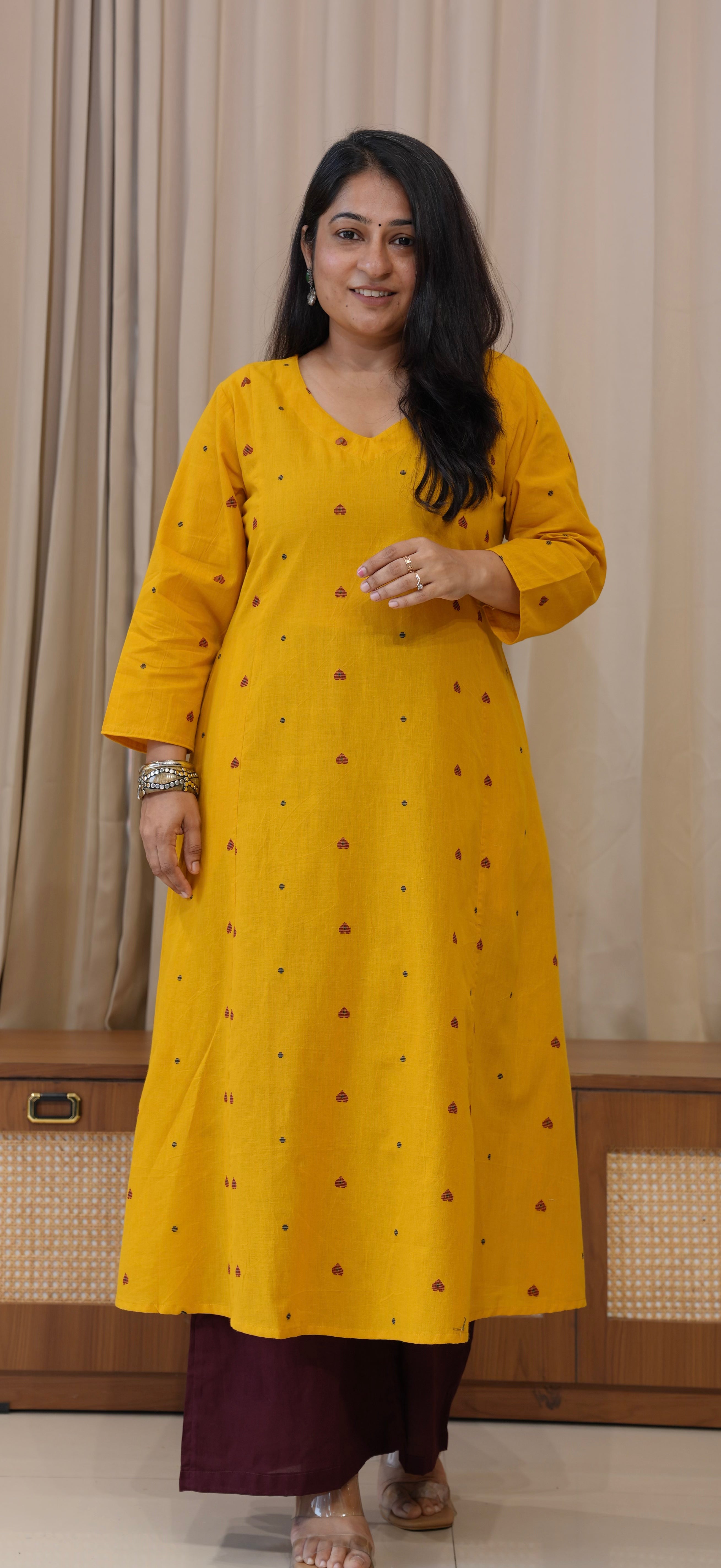 Hearts Handwoven Cotton Kurta - Yellow