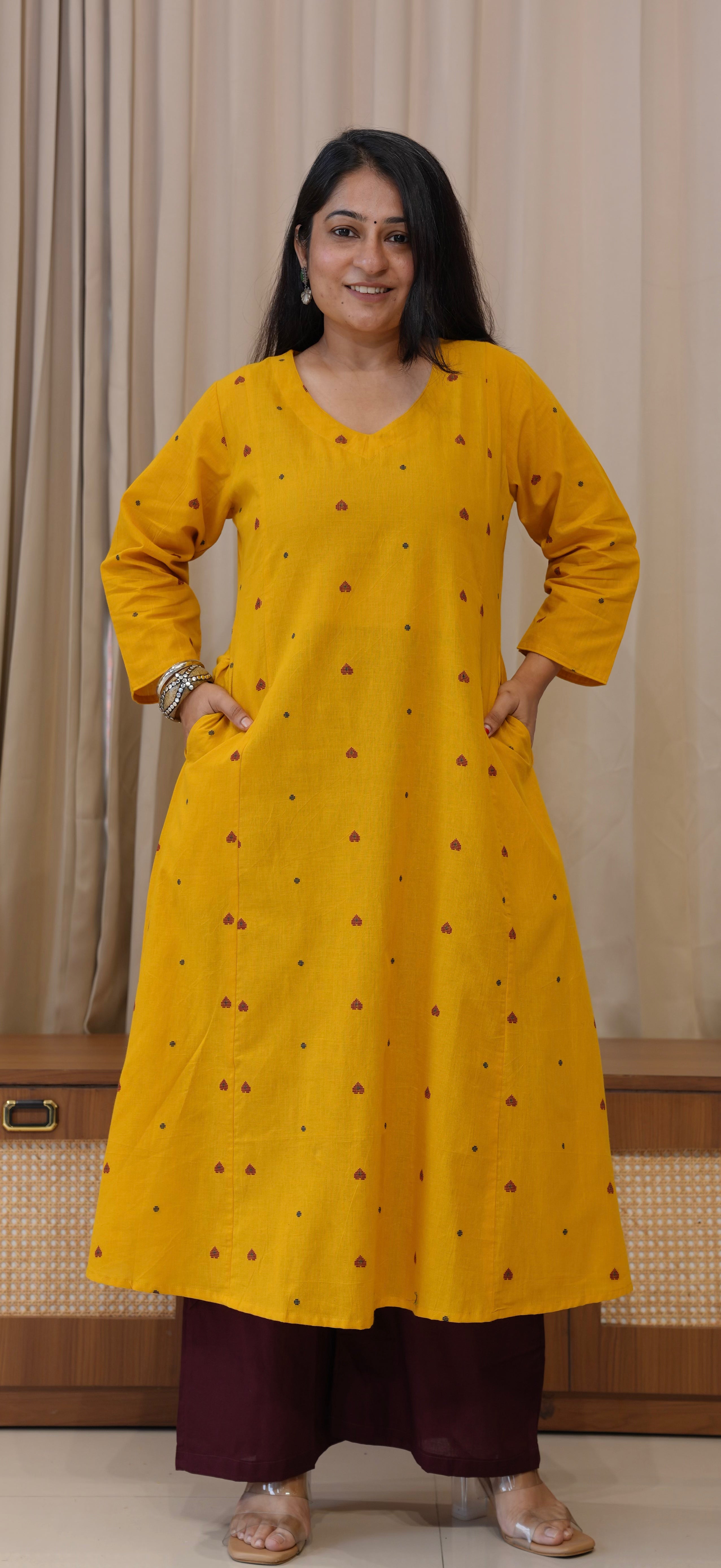 Hearts Handwoven Cotton Kurta - Yellow