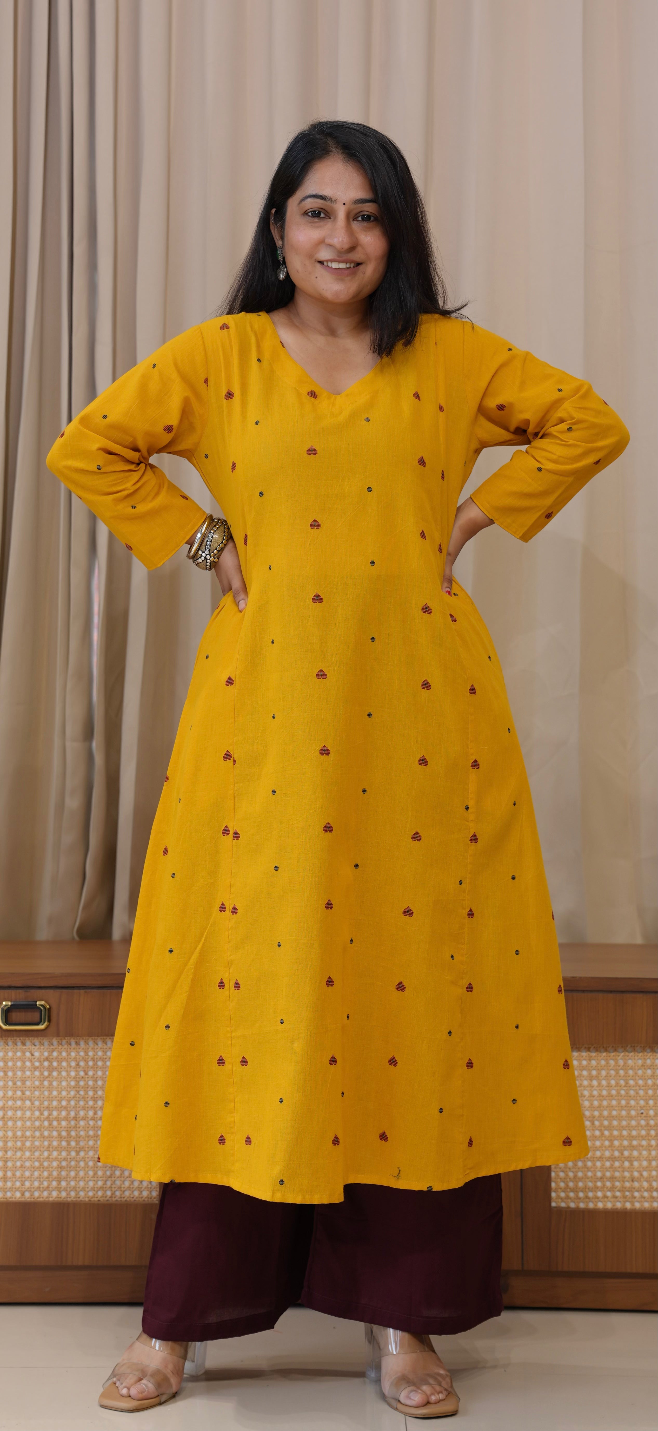 Hearts Handwoven Cotton Kurta - Yellow