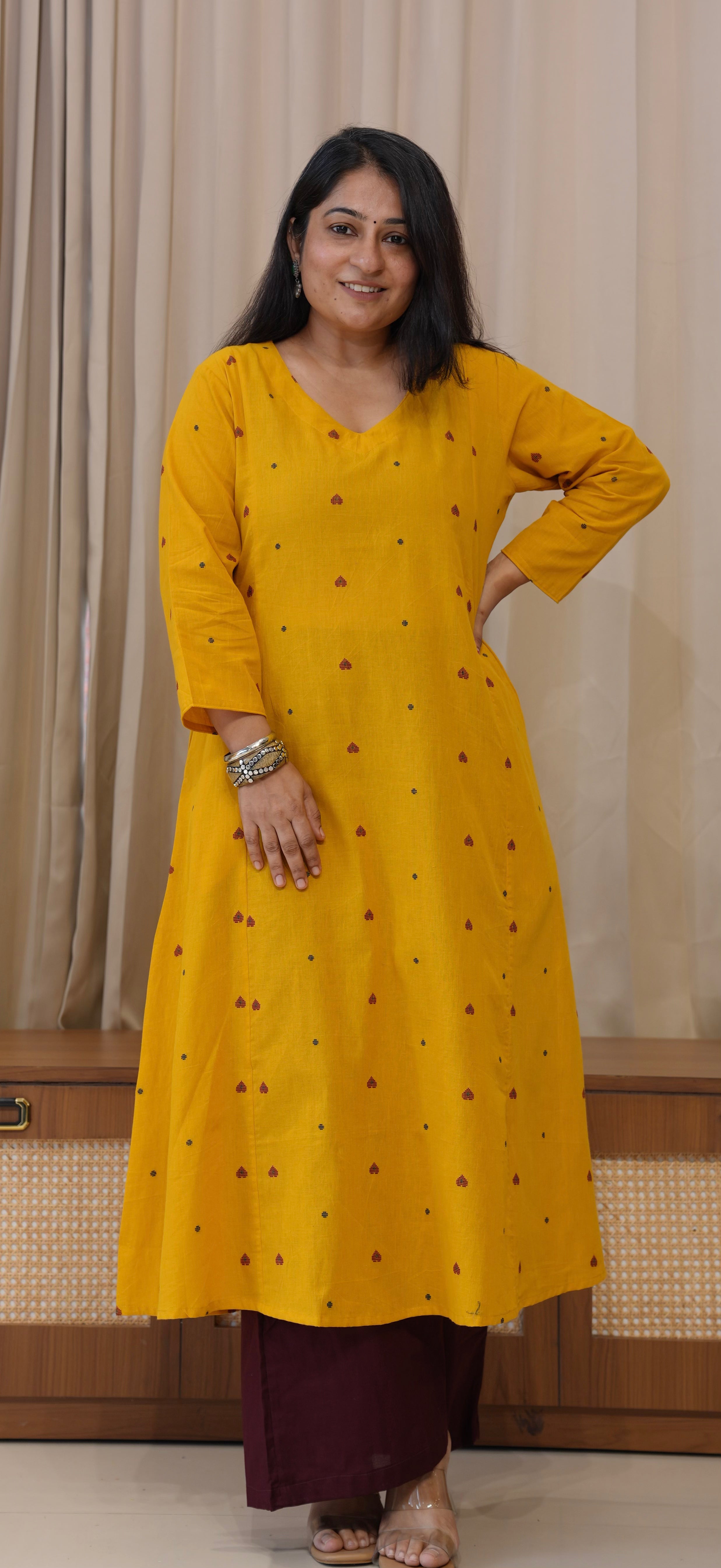 Hearts Handwoven Cotton Kurta - Yellow