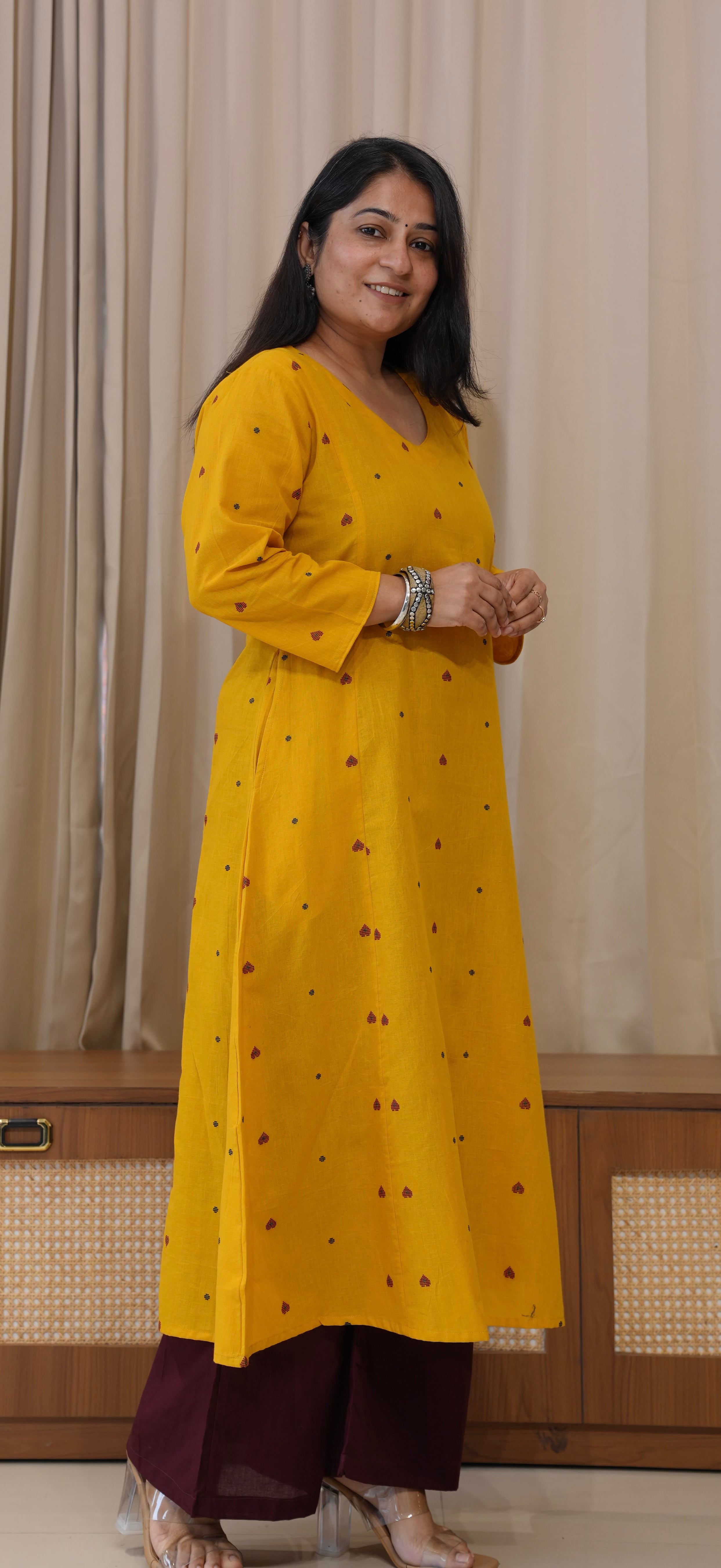Hearts Handwoven Cotton Kurta - Yellow