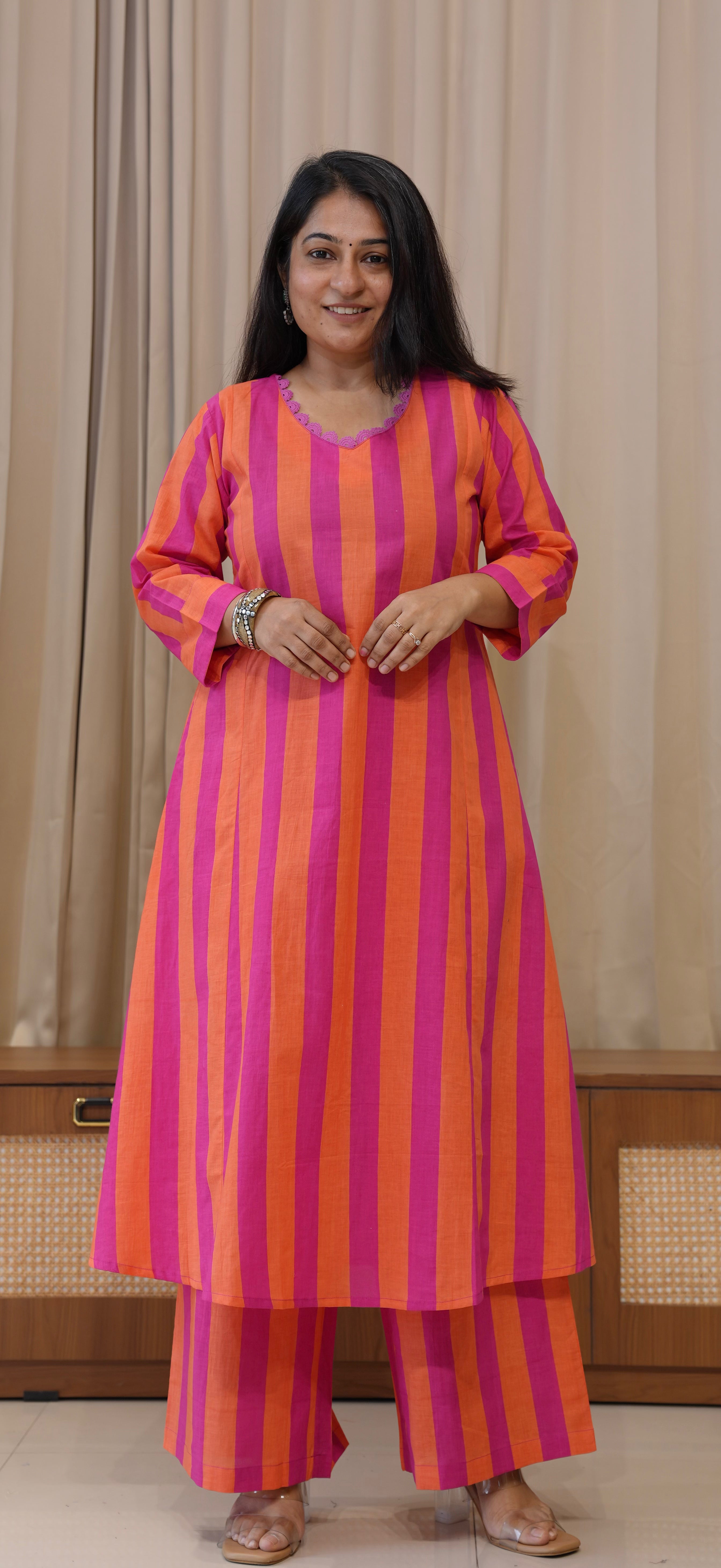 Orange/Pink Stripes Cotton Kurta