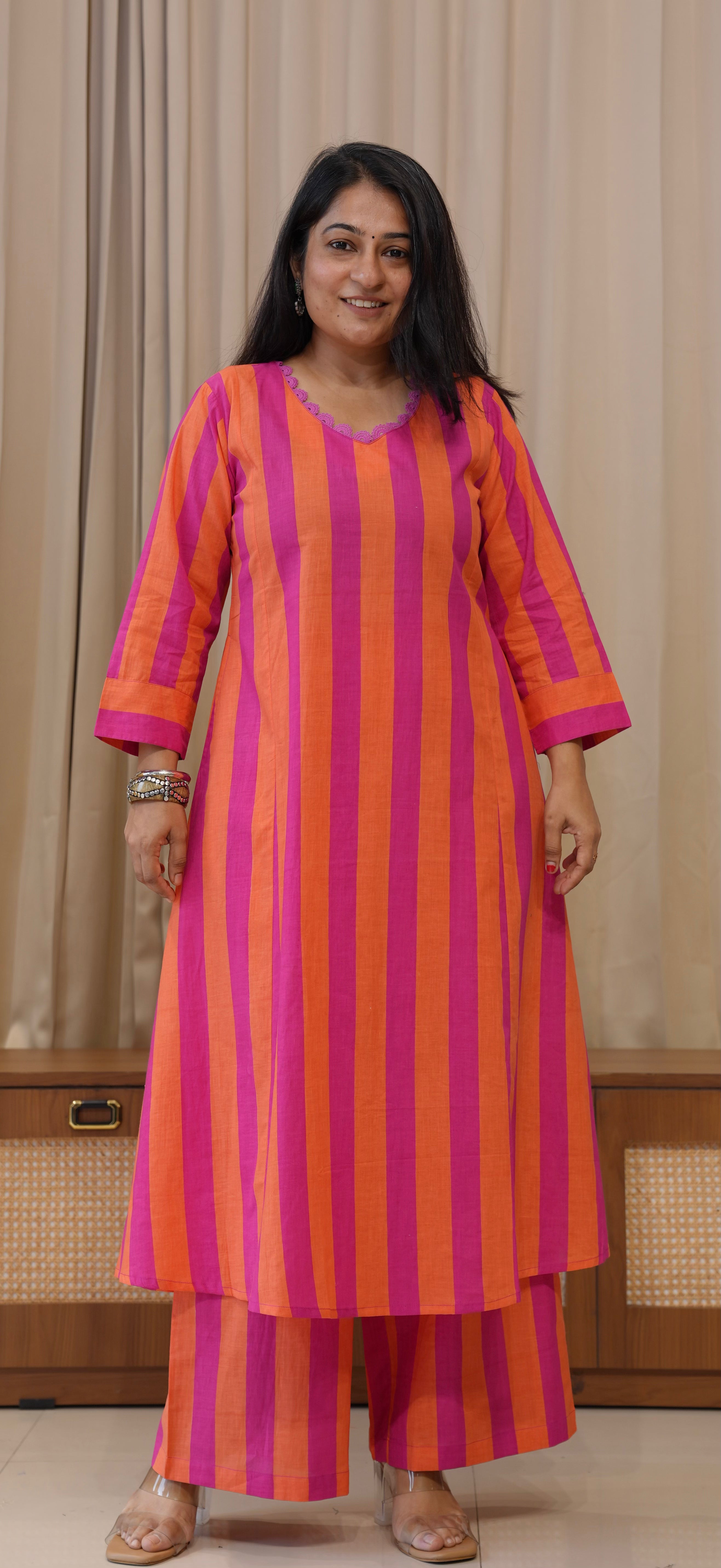 Orange/Pink Stripes Cotton Kurta