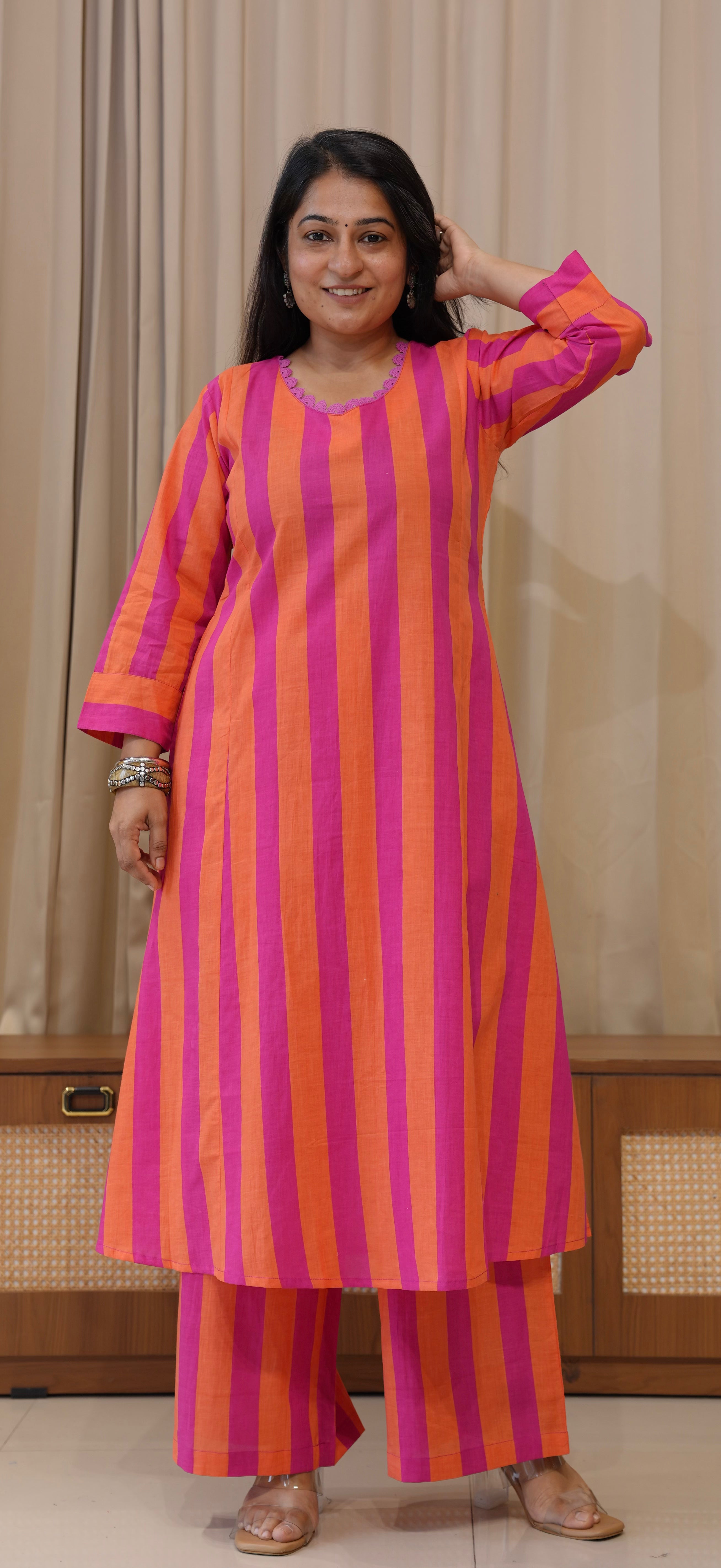 Orange/Pink Stripes Cotton Kurta